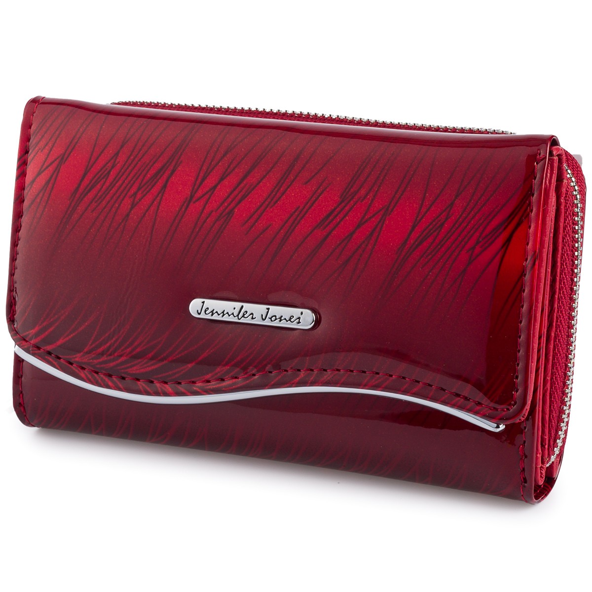 Portfel skórzany damski lakierowany na zamek karty pojemny RFiD duży croco