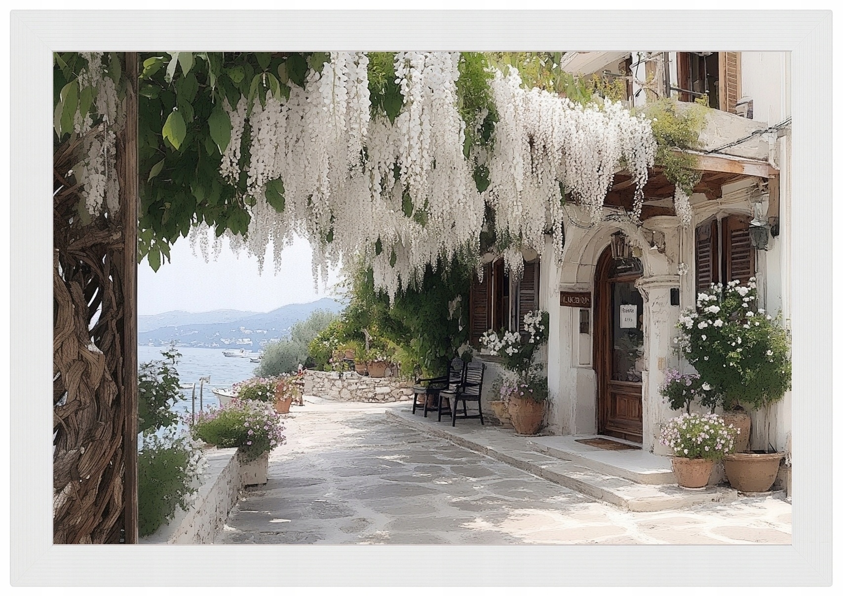 Rám Rámeček Dřevěný, Plakát Řecko Lefkada Moře Hotel Květiny 60x40