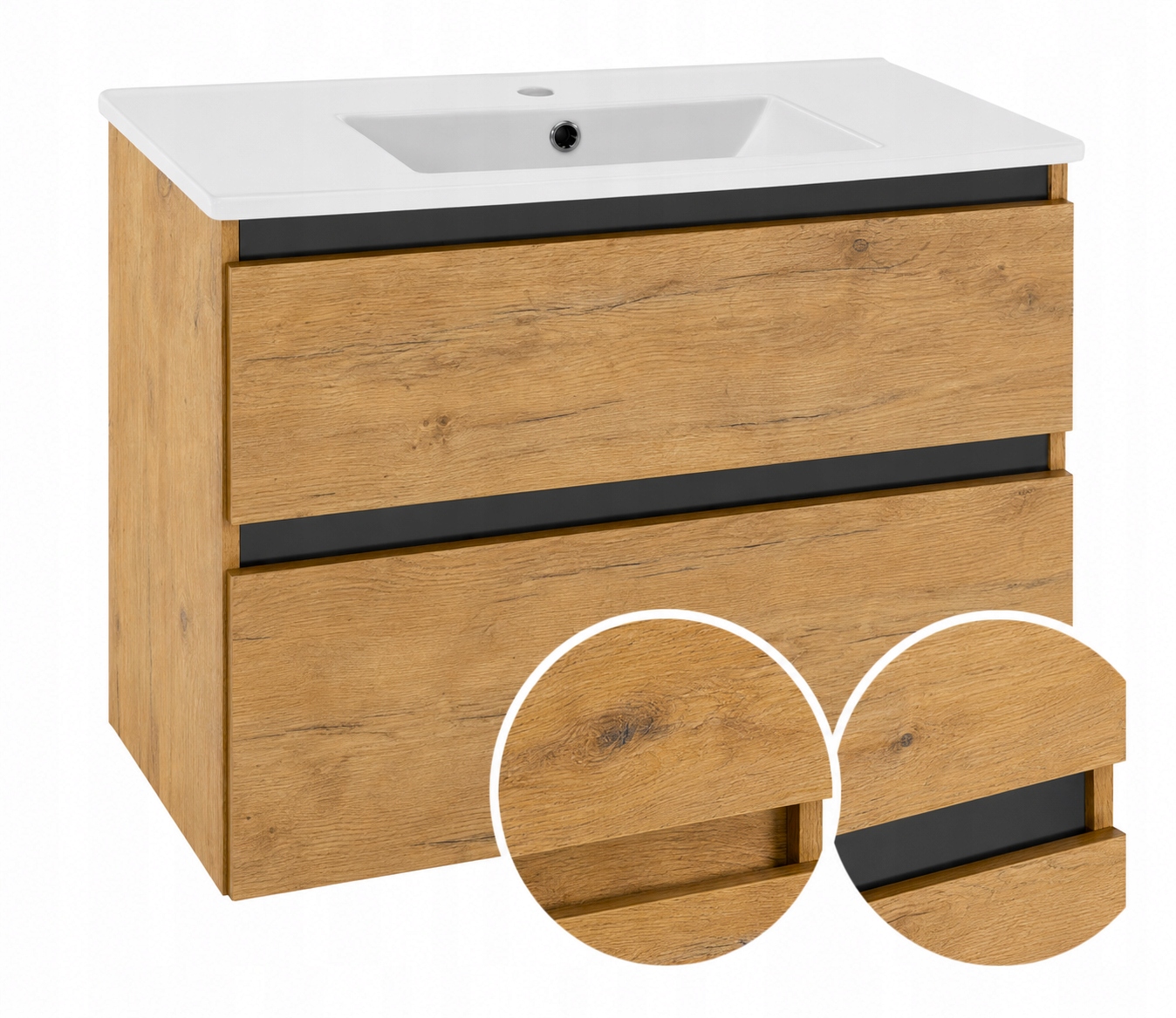 Závěsná koupelnová skříňka s umyvadlem, dub loft grafit, sada se zásuvkami 80 cm