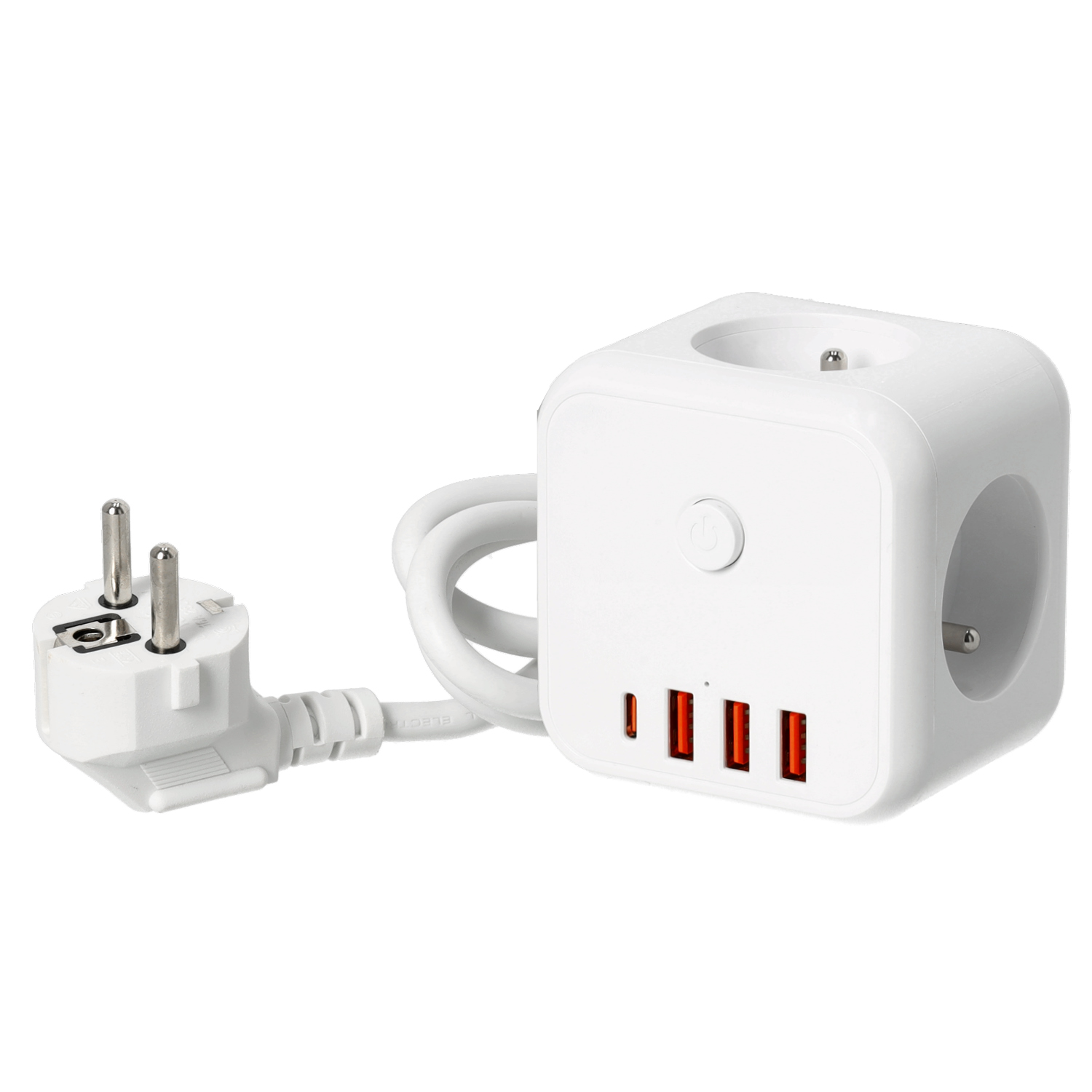 Prodlužovací Kabel 1,5 m Kostka 3gn+USB Rozbočka s vypínačem Bílý