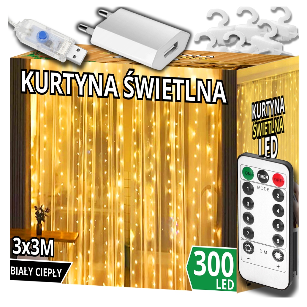 KURTYNA ŚWIETLNA CIEPŁE 300 LED 3x3 USB ŚWIĄTECZNE CHOINKOWE GIRLANDA PILOT