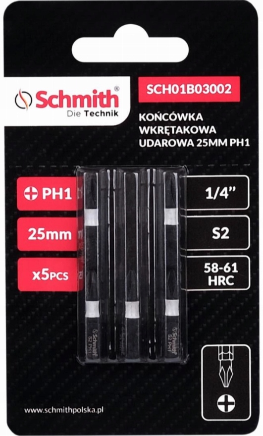 BIT UDAROWY PH1 25mm KRZYŻOWY KOŃCÓWKA MAGNETYCZNA BITY ZESTAW 5szt SCHMITH