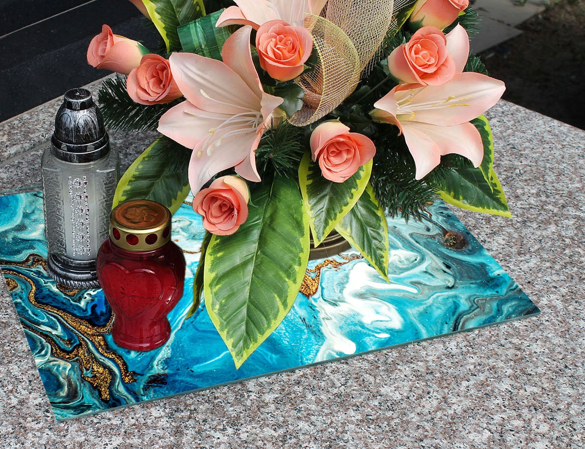 Podstawka DUŻA na CMENTARZ pod ZNICZE Szkło Hartowane POMNIK 80x52cm MARMUR Motyw inny