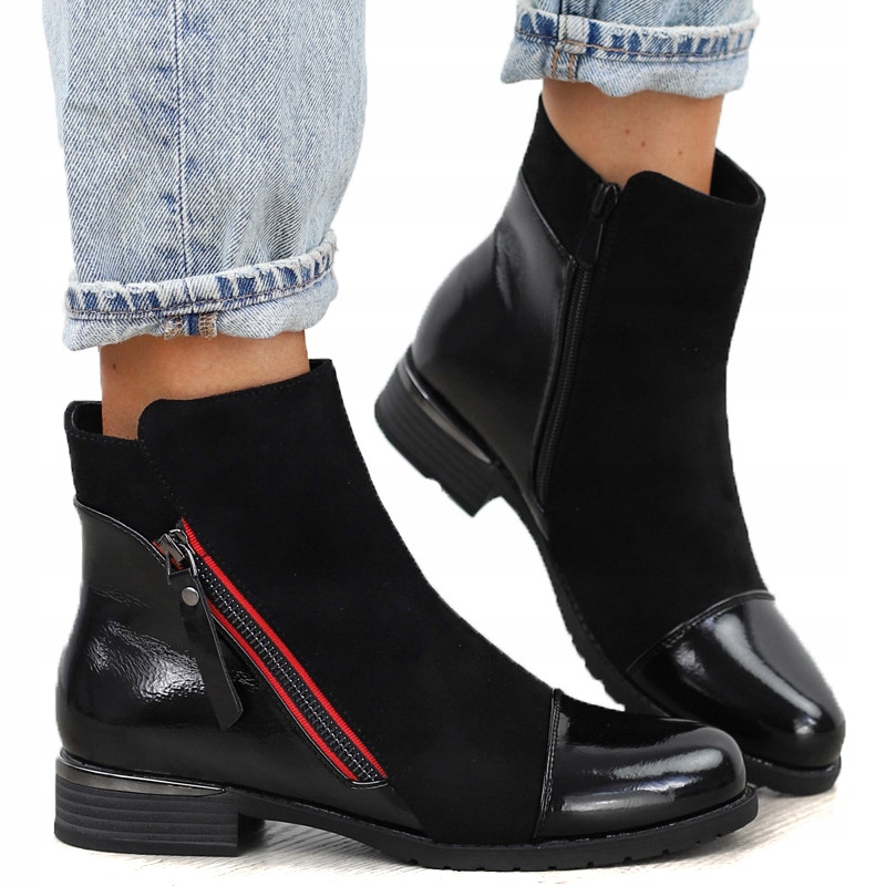 Černé kotníkové boty dámské semišové, lakované, ploché boty na zip