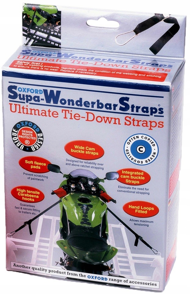 Přepravní pásy pro upevnění motocyklu s karabinami a úchyty na ki