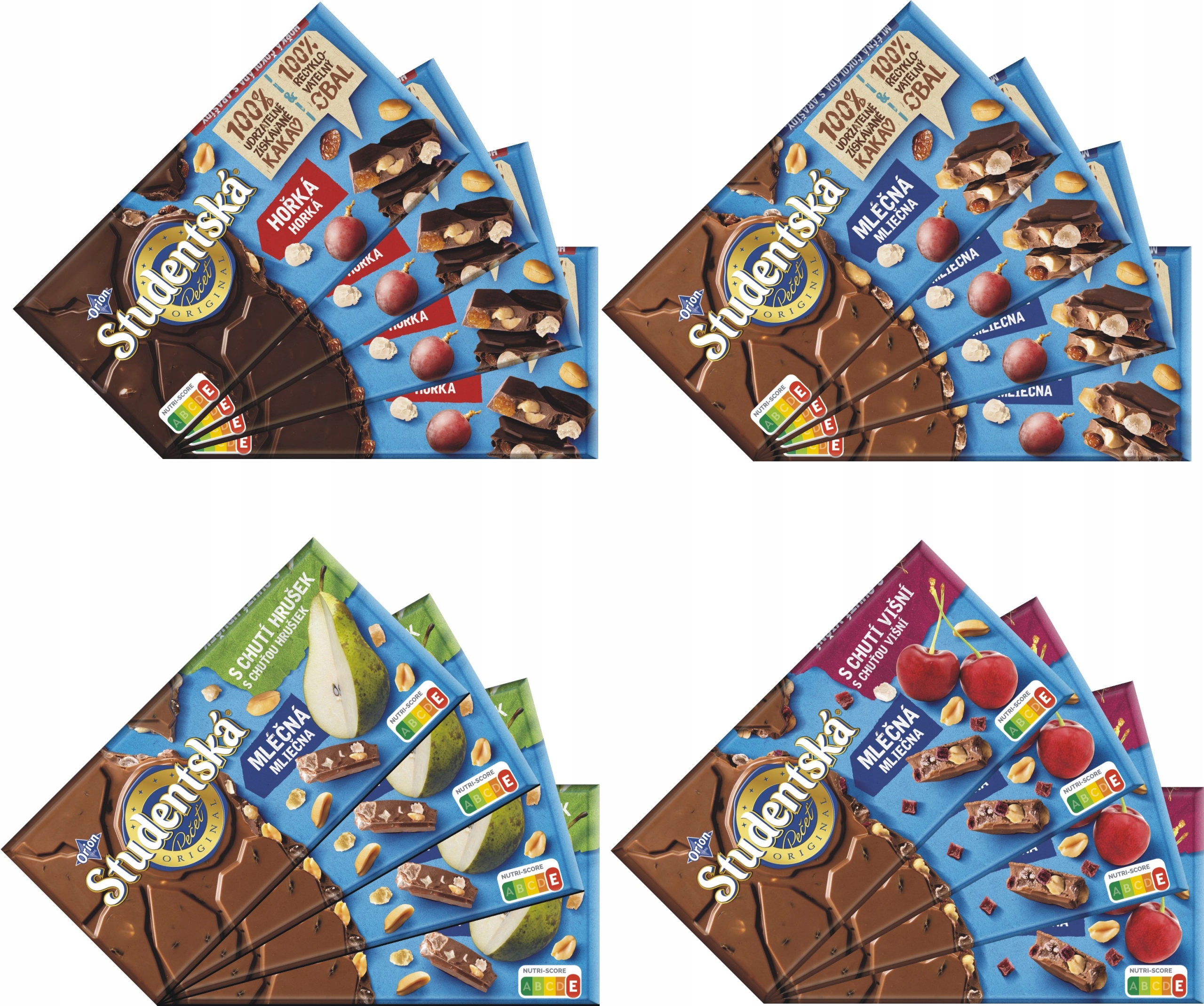 Czekolada Studentska MIX 170g Mleczna, Gruszka, Wiśnia, Gorzka, 4x4 szt