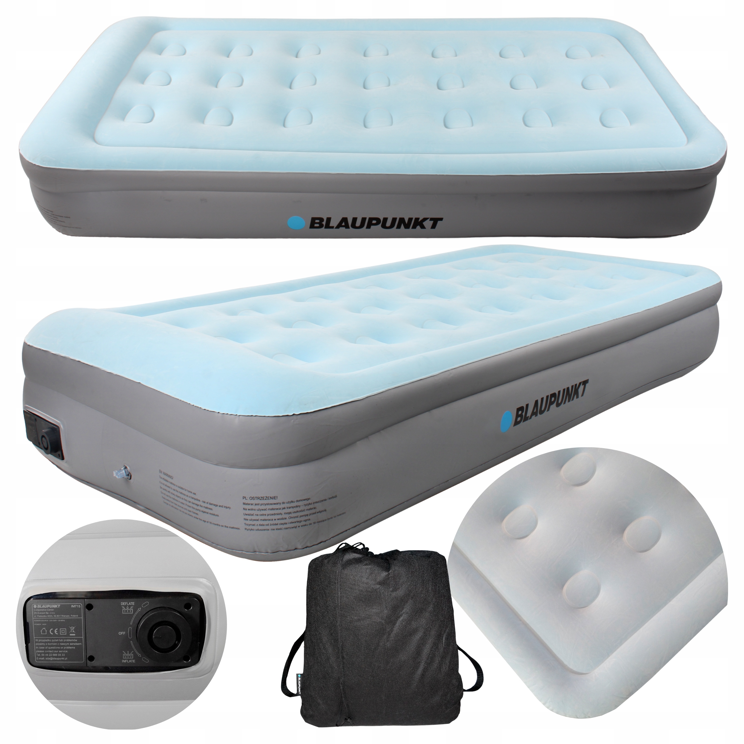 Materac Nadmuchiwany Jednoosobowy 195x94cm Pompka Elektryczna 227kg Torba