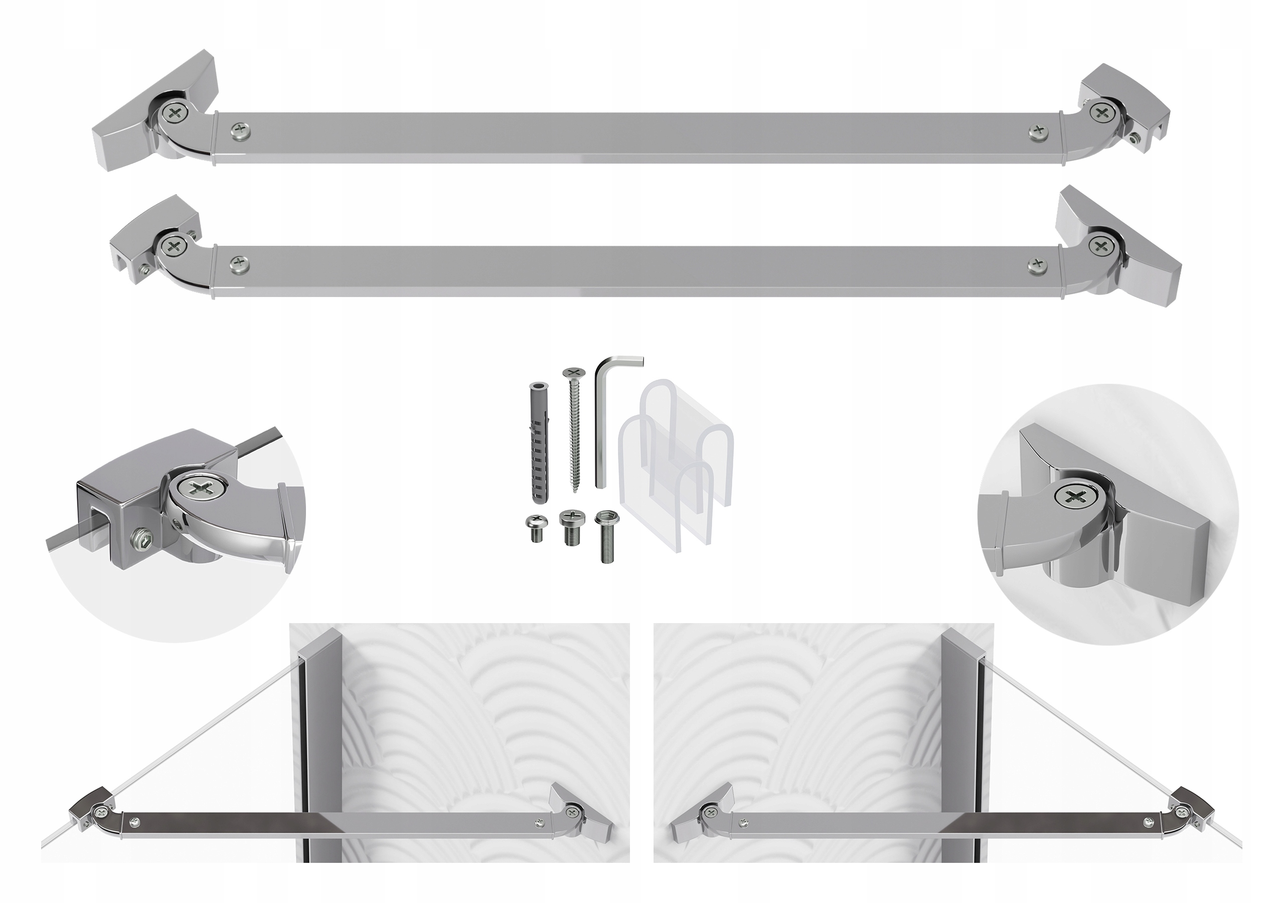 Držák do sprchového koutu chrom úhlový 37 cm na sklo 6 mm, sada 2 ks