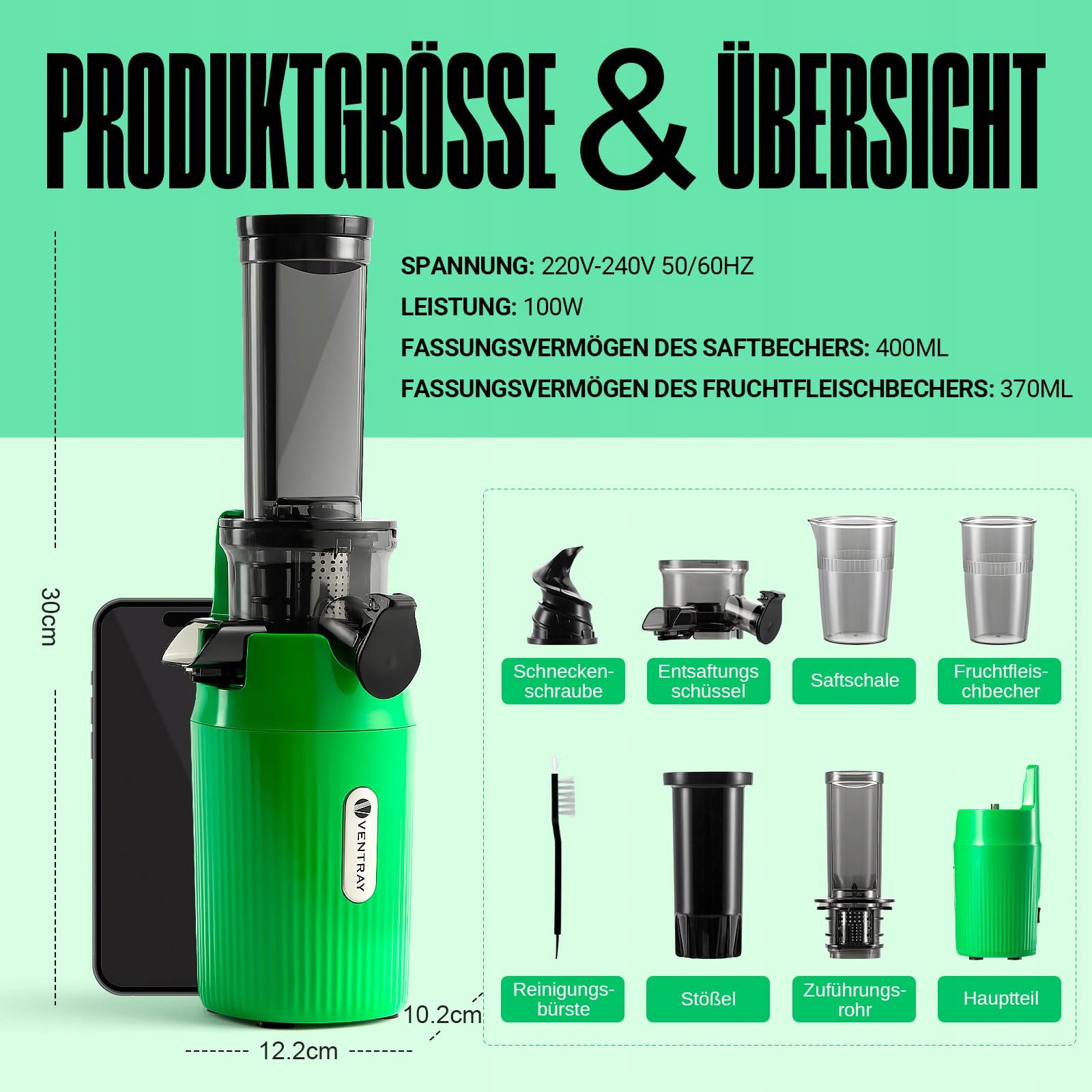 VENTRAY Ginnie Wolnoobrotowa Wyciskarka 60 Umin 45mm BPA Free 100W Zielona — miniatura 8
