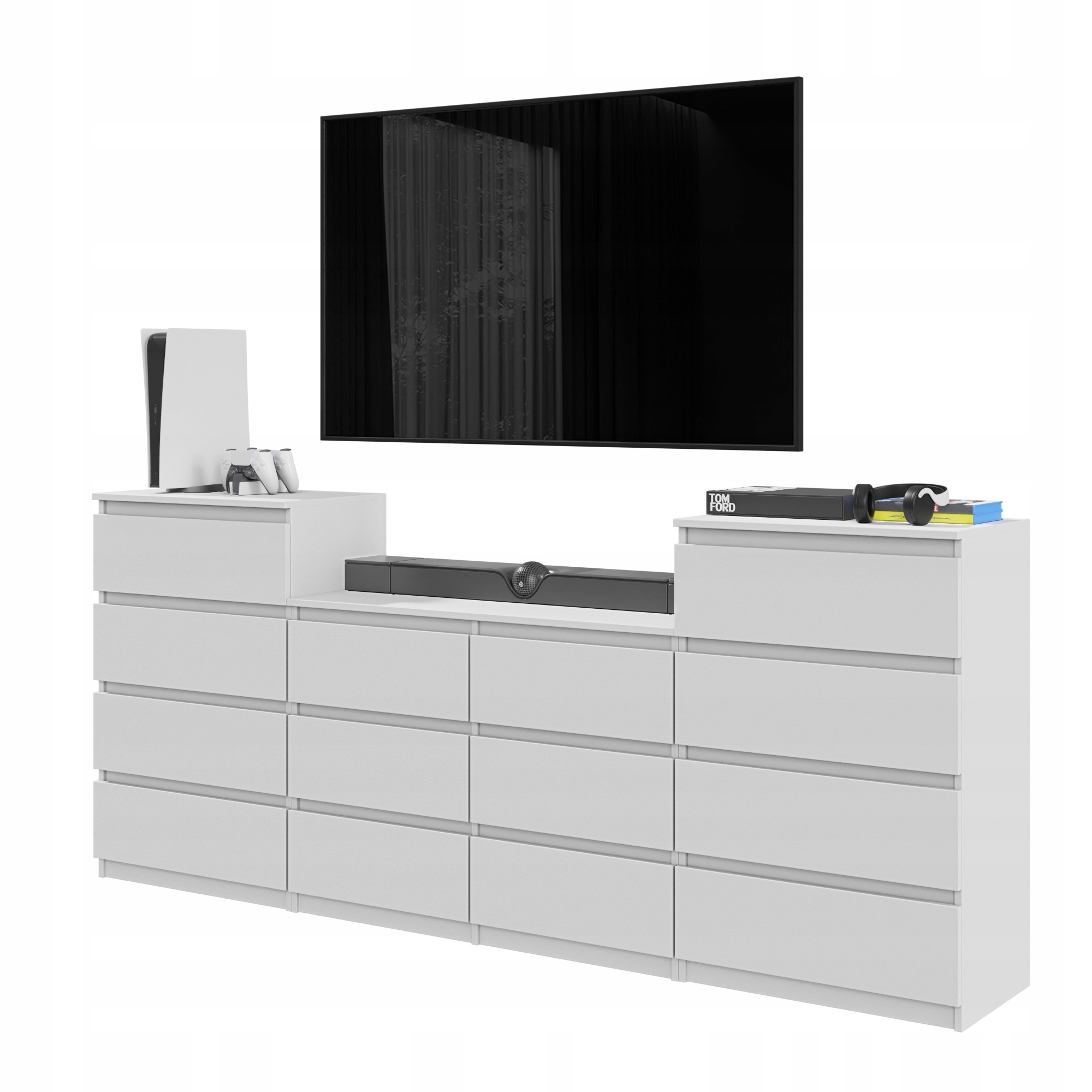 Komoda 220 CM Biały Mat 14 Szuflad Zestaw Trzech Komód, Salon