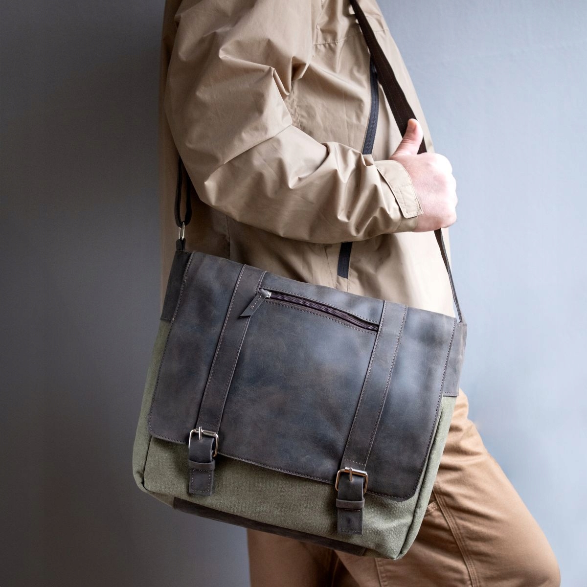 Hnědá Zelená Velká Studentská Taška Vintage Kůže a Plátno Belveder BC61