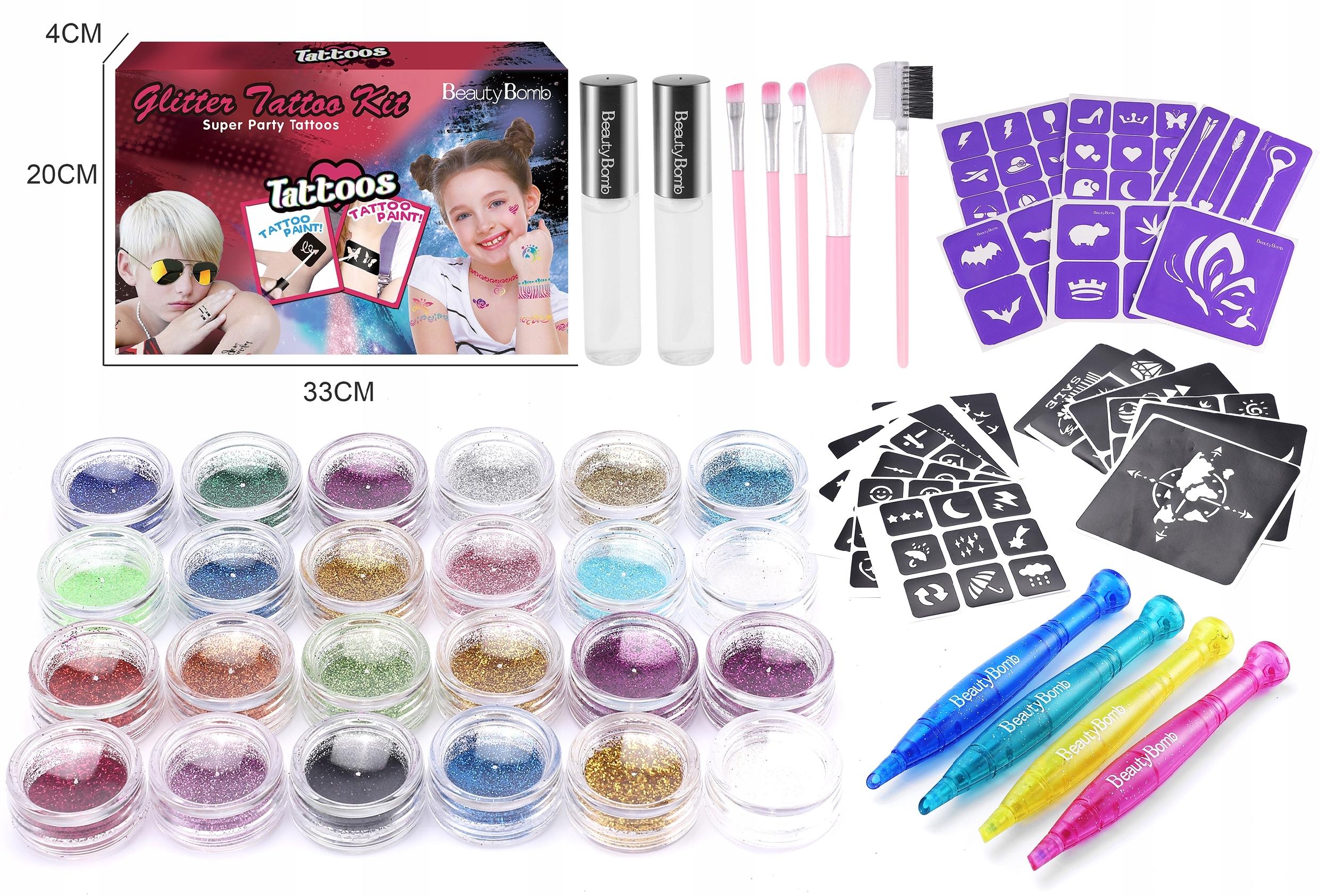 ZESTAW DO TATUAŻY SZABLONY BROKAT KOLORY TATUAŻE ZMYWALNE PISAKI WZORY Stan opakowania oryginalne