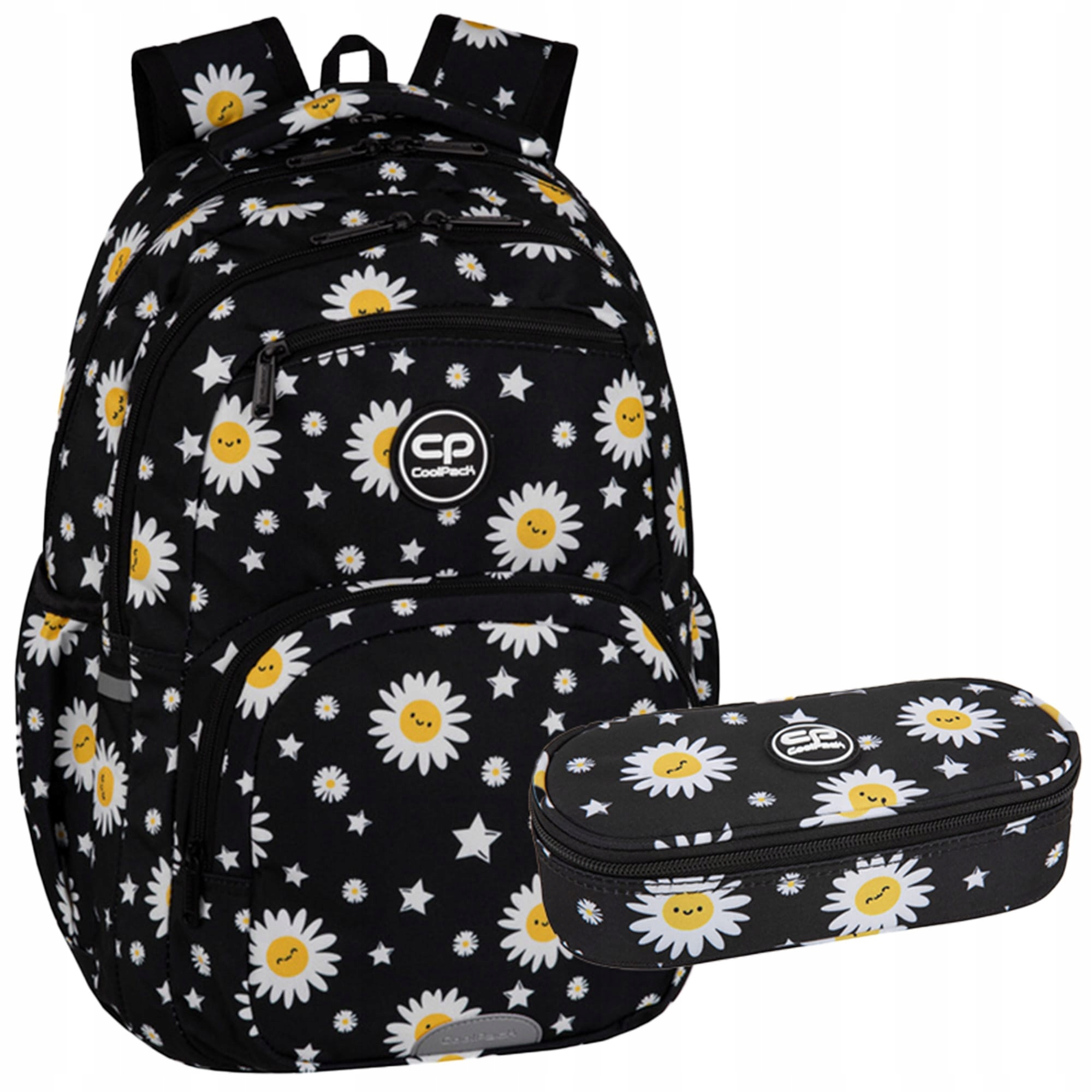 Zestaw dla dziewczynki do klasy 4-8 plecak piórnik Coolpack black stokrotki