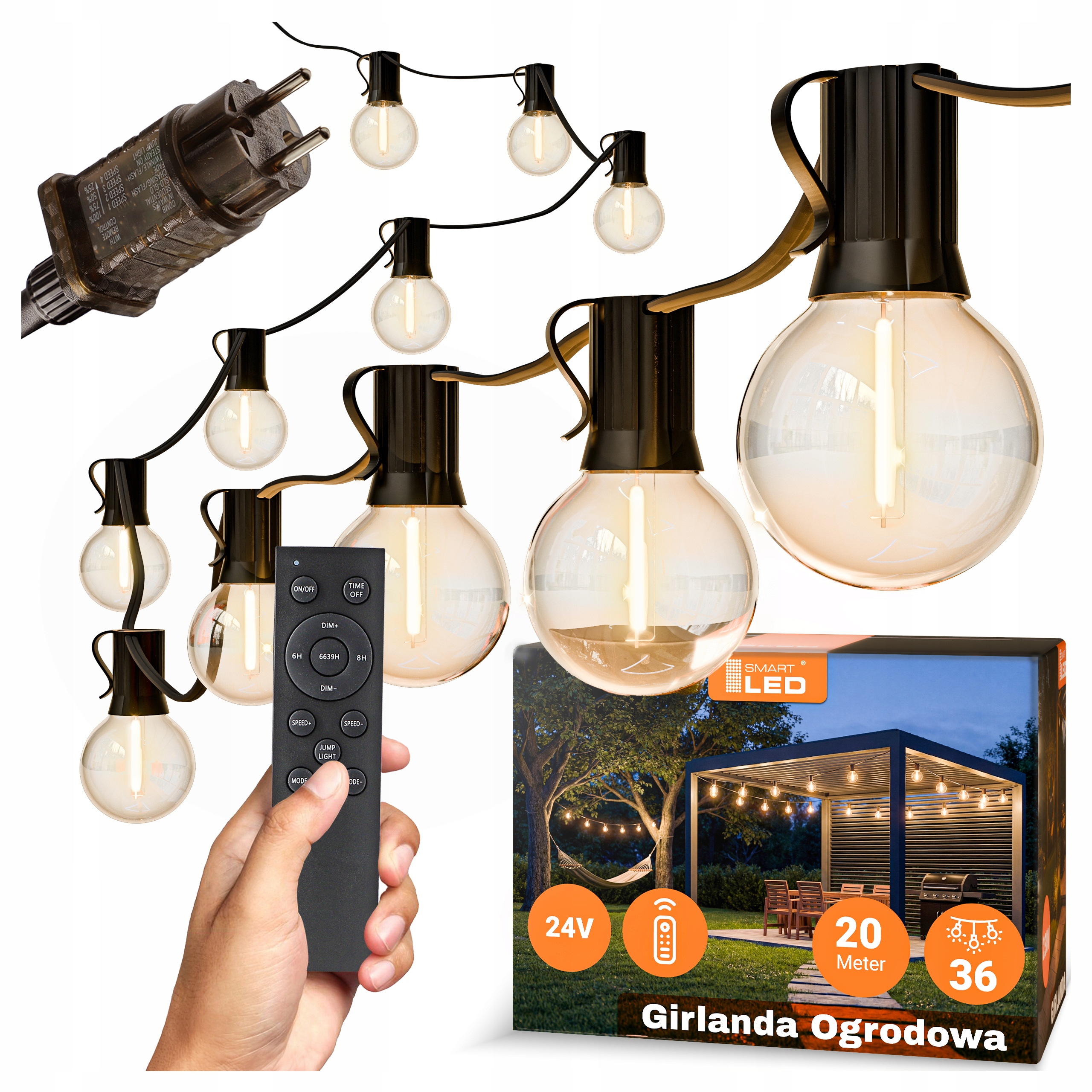 Zahradní světelná girlanda 20M 36X Led žárovka E12 Pilot Stmívatelný řetěz