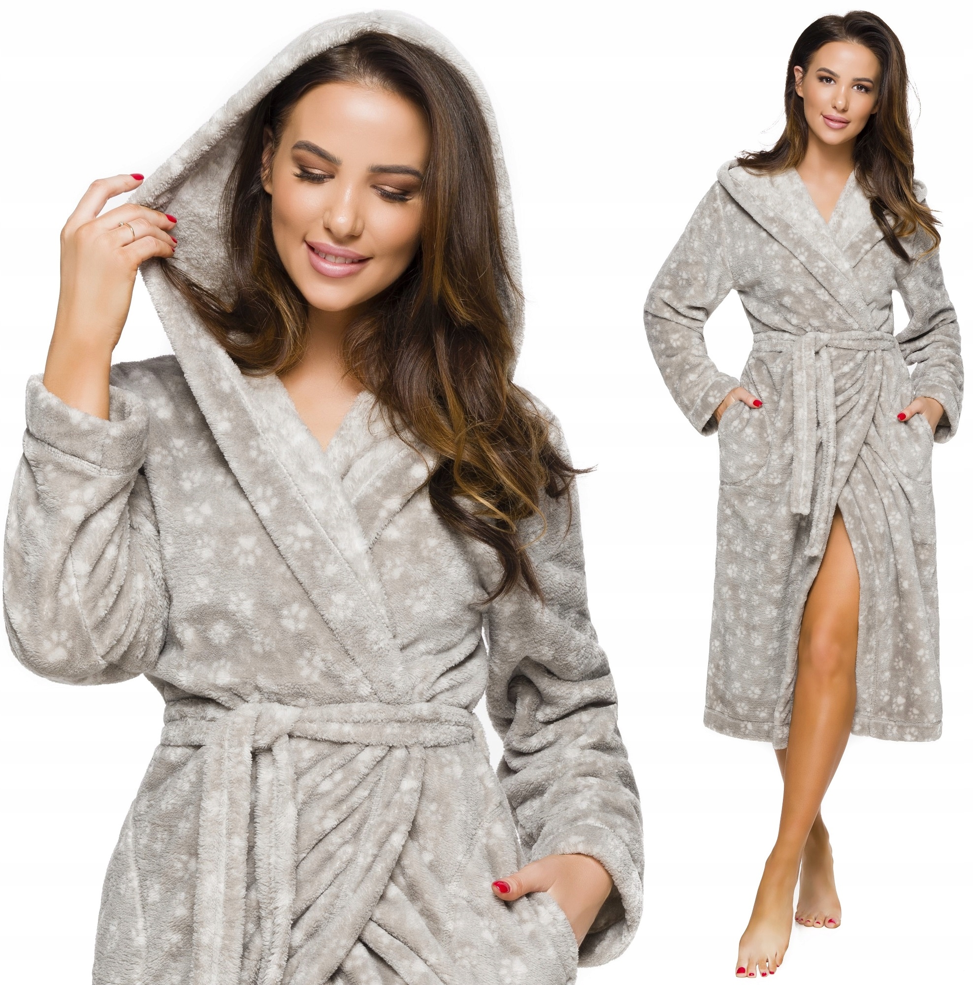 ŁAPKI DŁUGI PUCHOWY DAMSKI SZLAFROK PODOMKA S