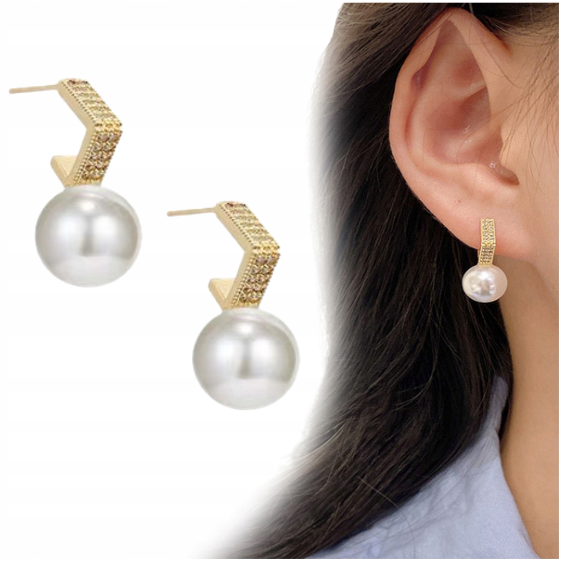 

Kolczyki Cyrkonie Złote Perły Wiszące Sztyft