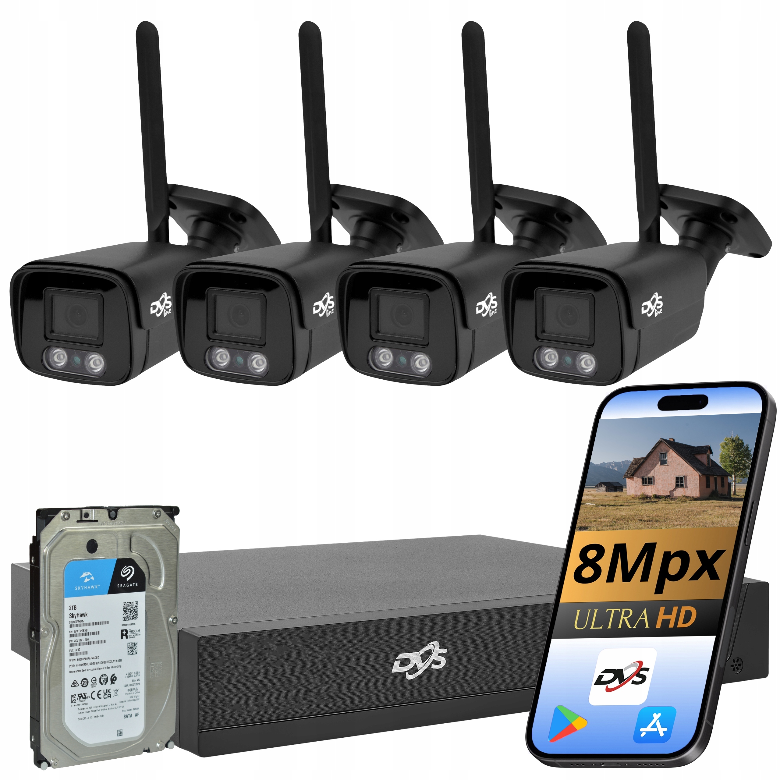 Sada 4 Wifi Kamer Černé Bezdrátové 8Mpx 4K Tuba Monitorovací Disk 2TB