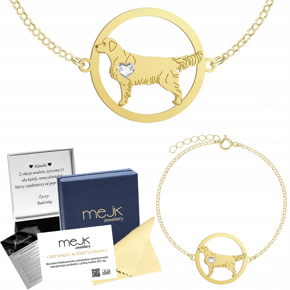 Zlatý náramek se psem Zlatý retrívr 925 Řetízek Gravírování Bonus