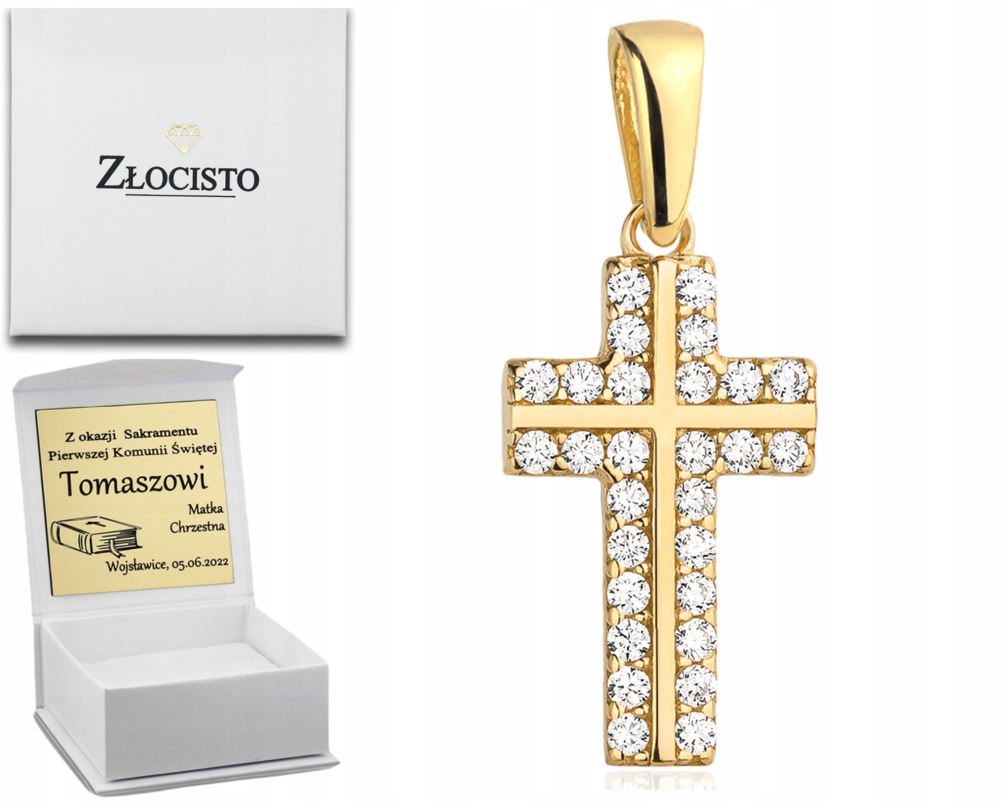 Zlatý Křížek S Zirkony Svaté Přijímání Gravírování