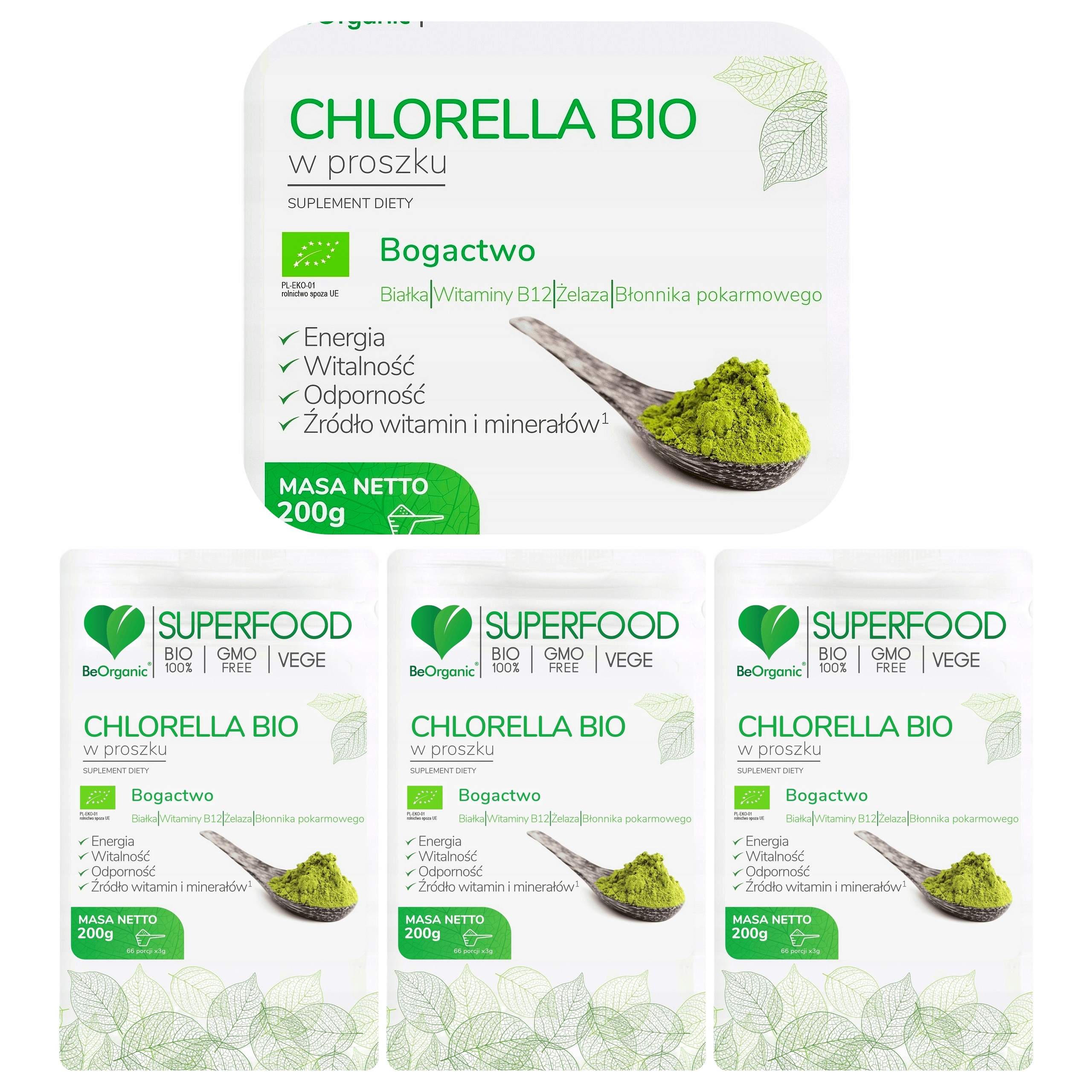 3x Chlorella Vulgaris Bio Beorganic Proszek 200 g Porcja 3 g Mikroalga