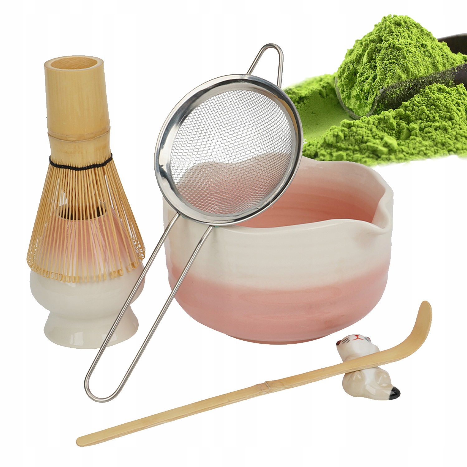 Zestaw Matcha Matchy 6 El. Różowy Z Trzepaczką Bambusową I Kocim Uchwytem