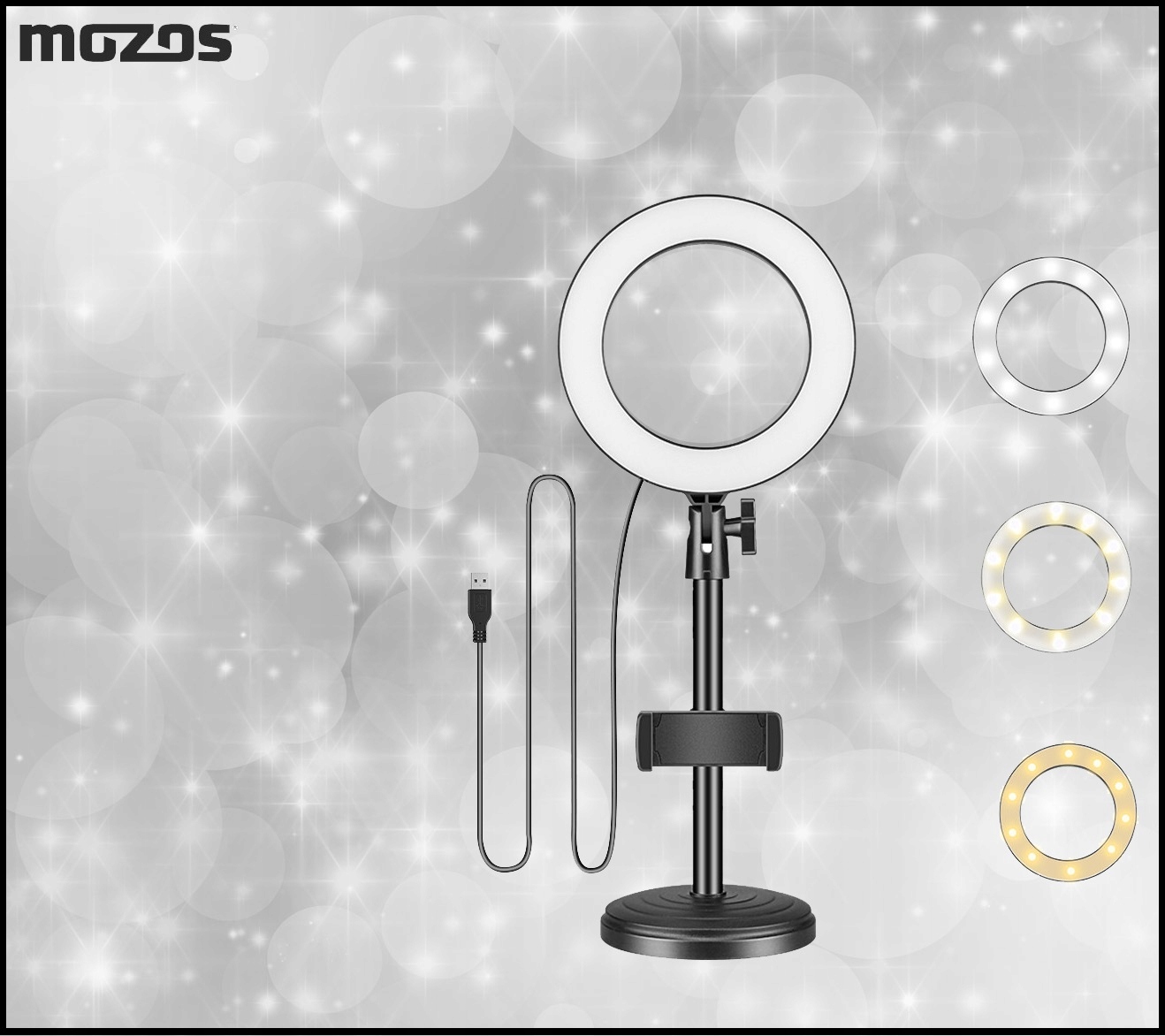 LAMPA LED PIERŚCIENIOWA UCHWYT SELFIE DO MAKIJAŻU 3 BARWY WYSOKOŚĆ do 41cm Model MLM-RING