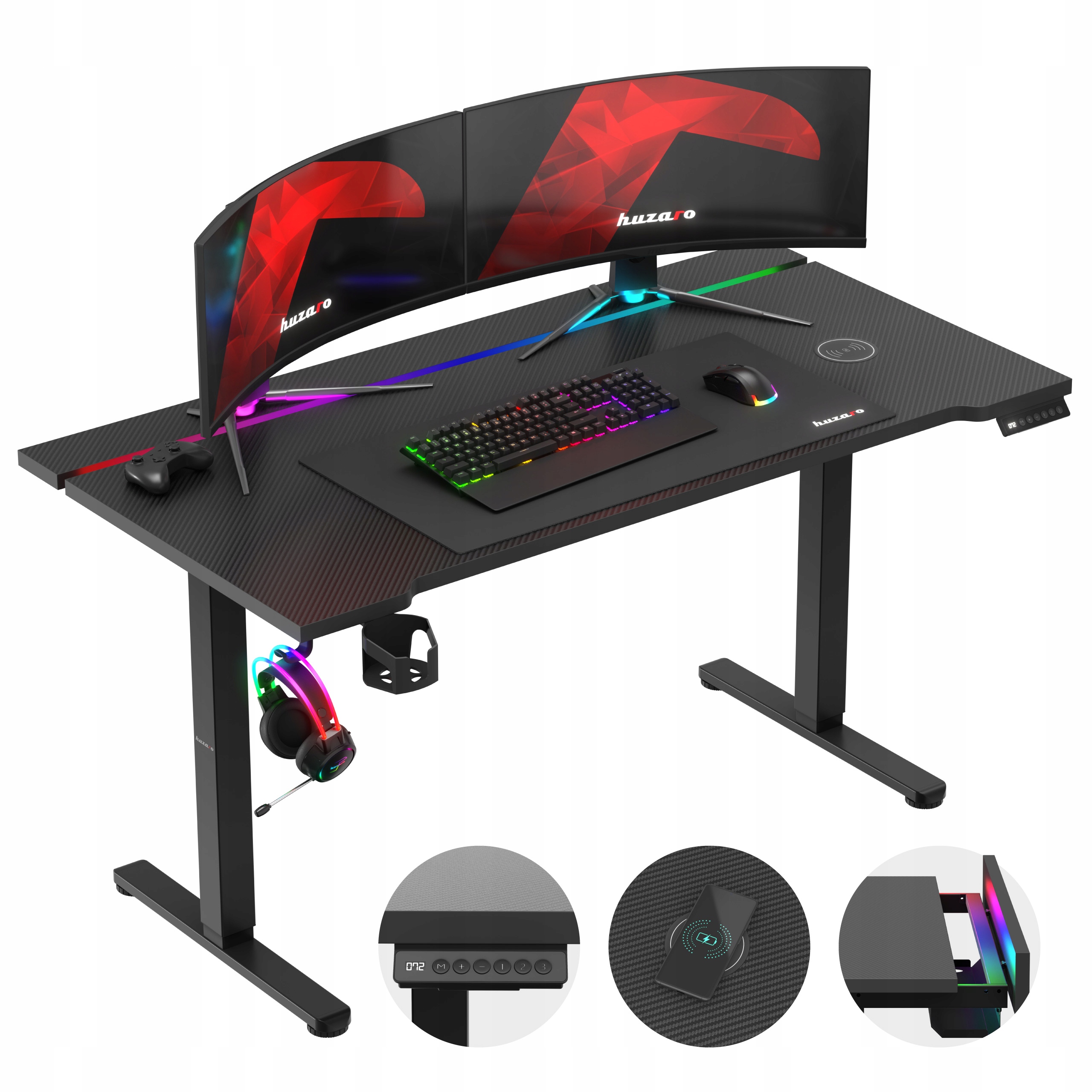 Elektrický herní stůl Huzaro černý Rgb Led s indukčním nabíjením