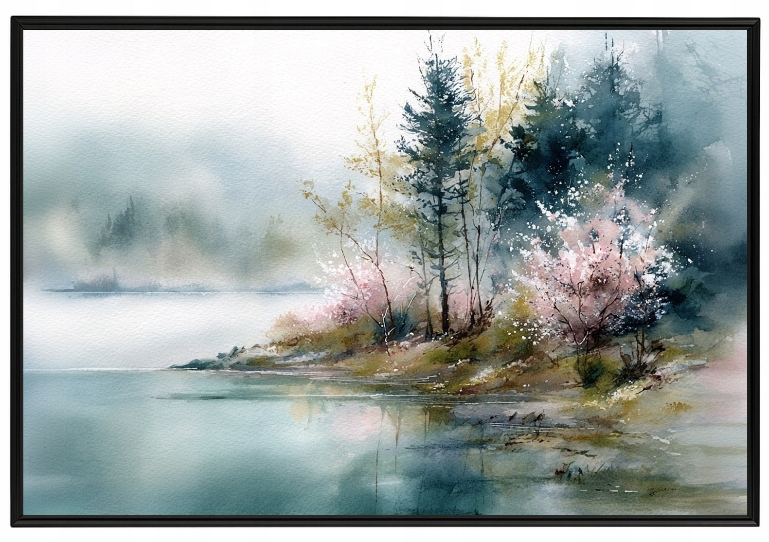 Rámeček S Hliníkovým Rámem Krajina Břeh Plakát Stromy Jarní Mlha 60x40