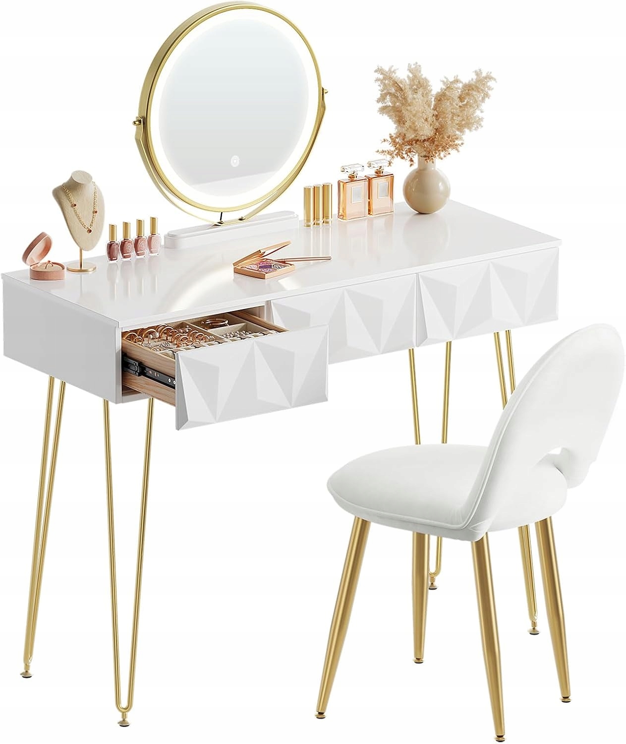 Toaletný Stolík S Zrkadlom A Osvetlením Usb Port, 3 Zásuvky, Zamatová Stolička