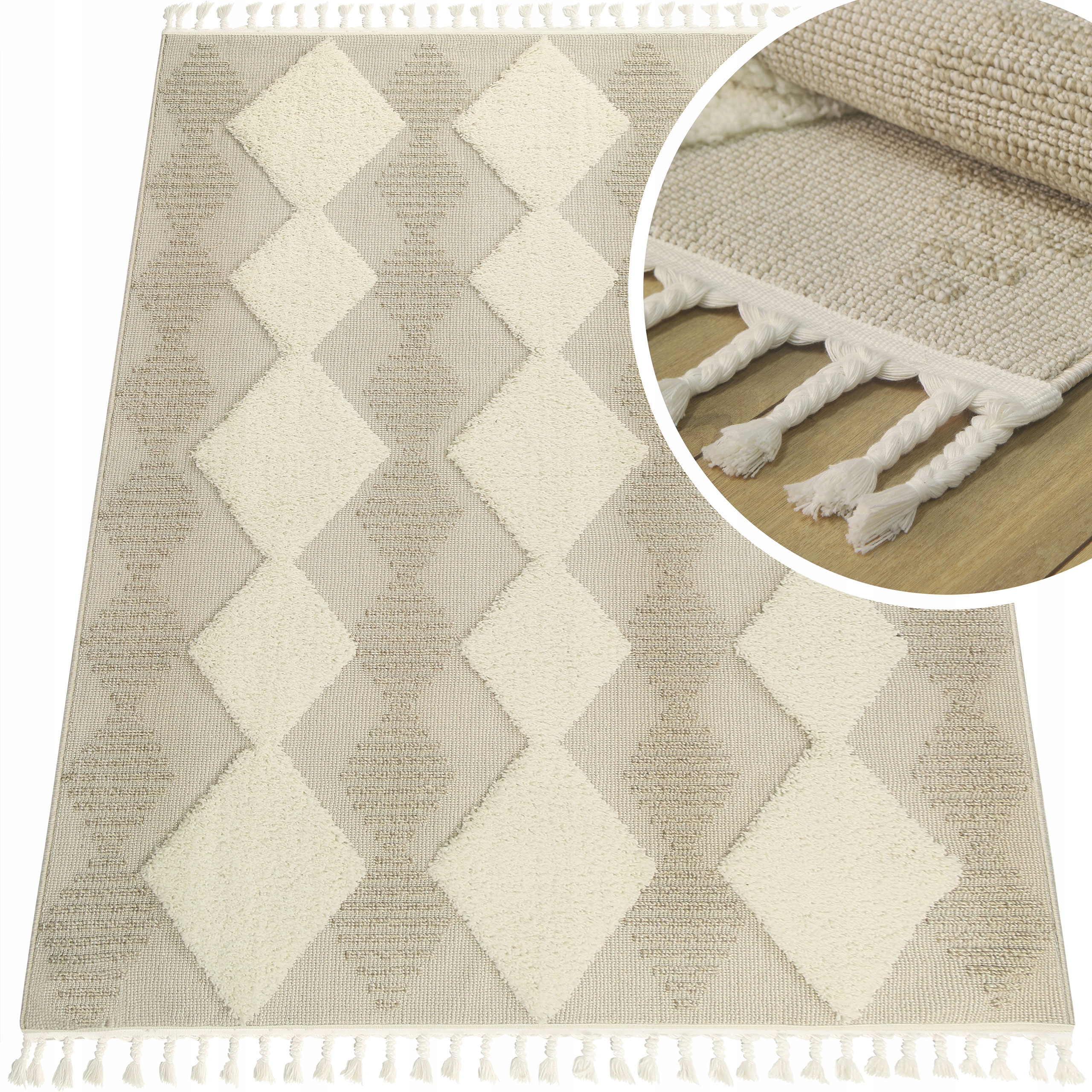 Pěnový Koberec Do Ložnice Shaggy Boho S Třásněmi Koberec Béžový 120x180