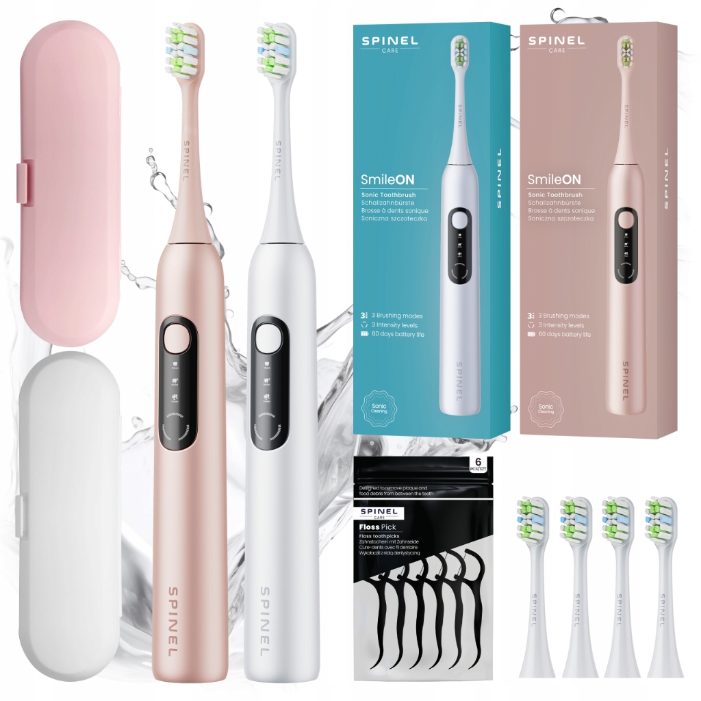 2x szczoteczka soniczna do zębów SmileOn 3 tryby zestaw etui 4 końcówki