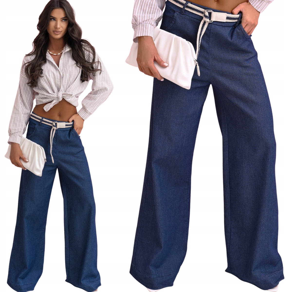 Dámské džínové kalhoty wide leg s páskem a širokou nohavicí 63016 L/XL
