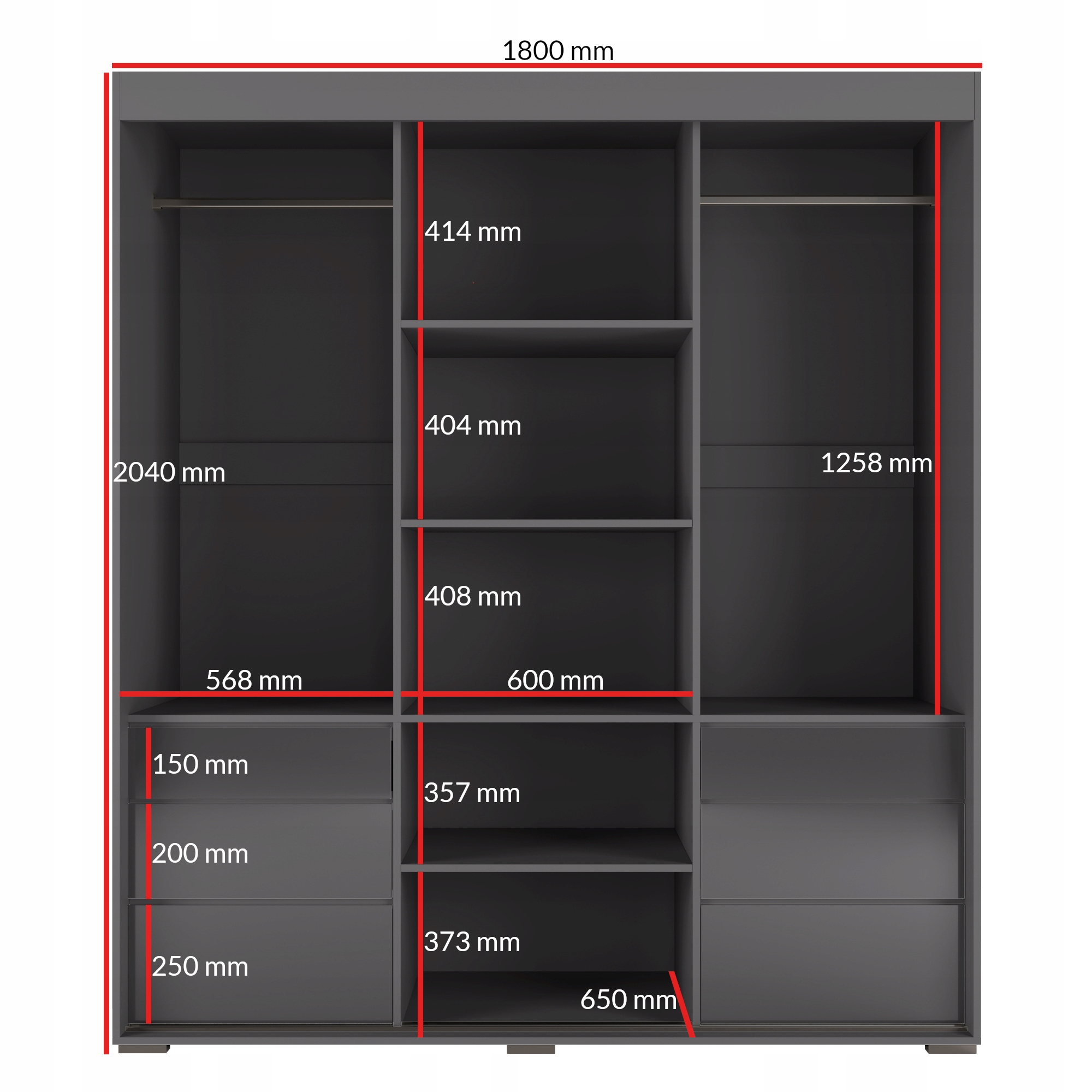 Szafa przesuwna z szufladami Torino 3D 180 Szara (lacobel)