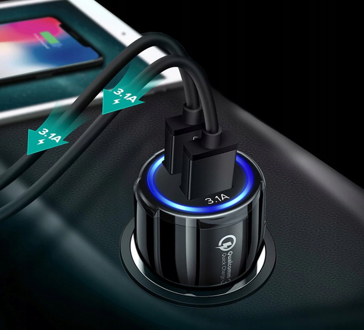SZYBKA 3.1A SAMOCHODOWA ŁADOWARKA QUALCOMM QC 3.0 Złącza microUSB typ B USB 3.1 typ C USB typ C USB Apple Lightning Apple 30-pin