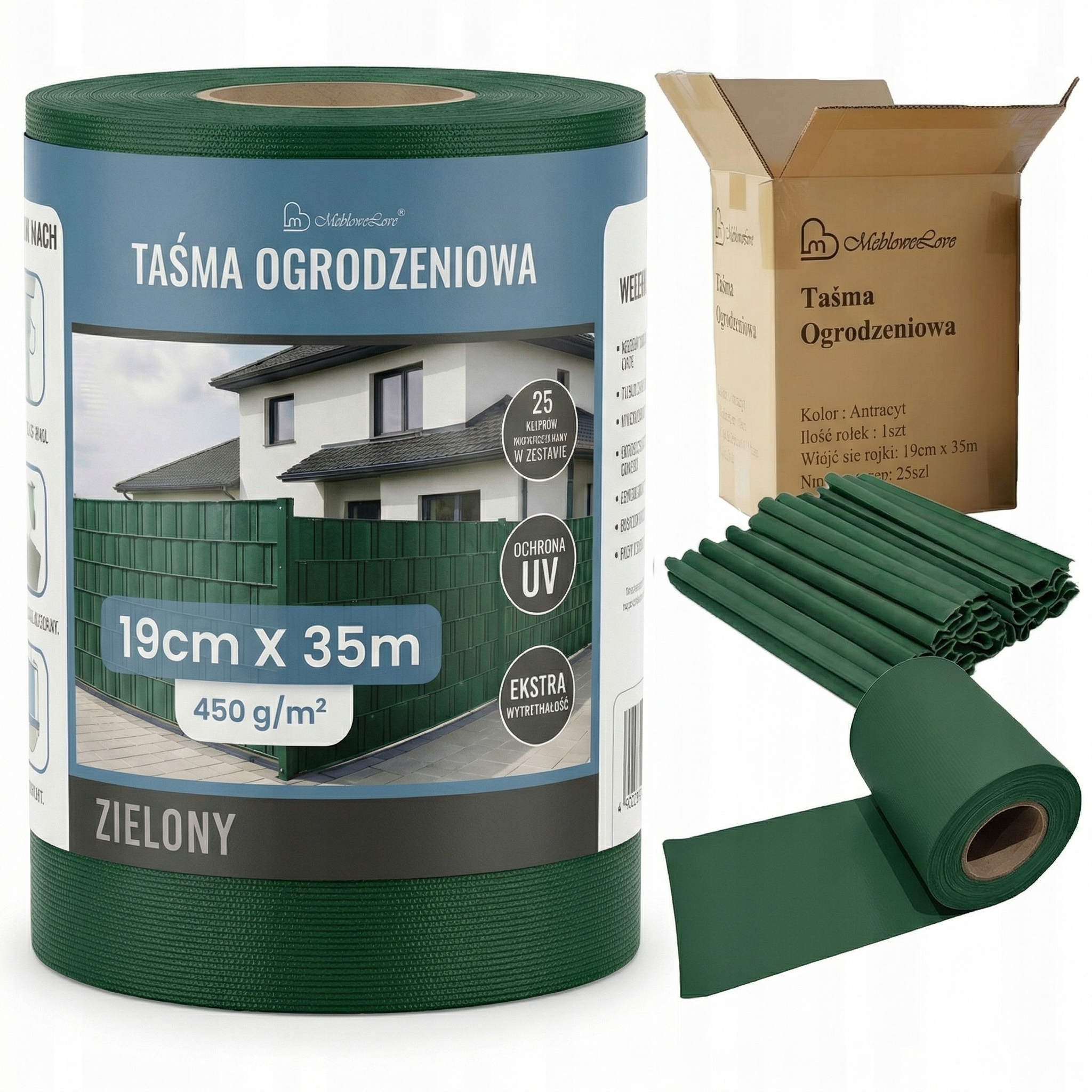 TAŚMA OGRODZENIOWA ZIELONA 19x35 OSŁONA NA OGRODZENIE PŁOT + UV 25 KLIPSÓW