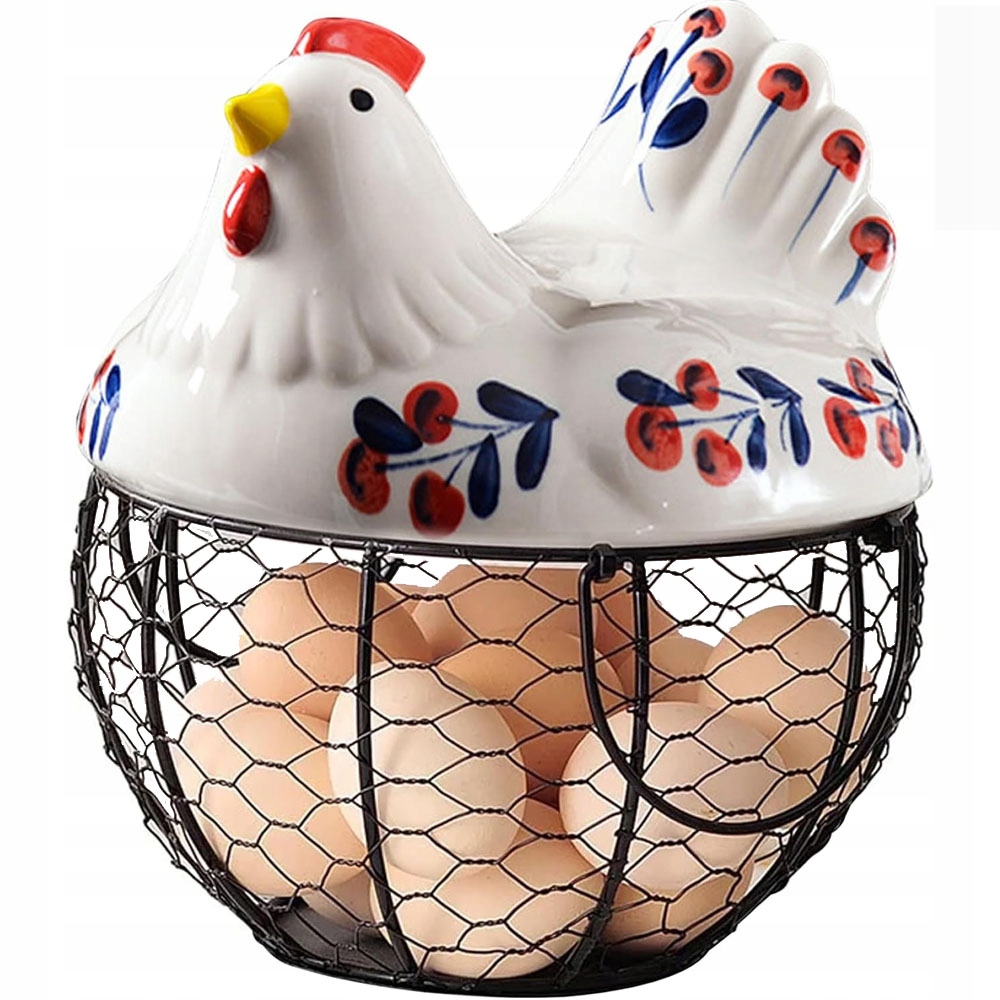 Figurka Kura Ceramiczny Dekoracyjna Z Koszykiem Na Jajka Pojemnik I Ozdoba