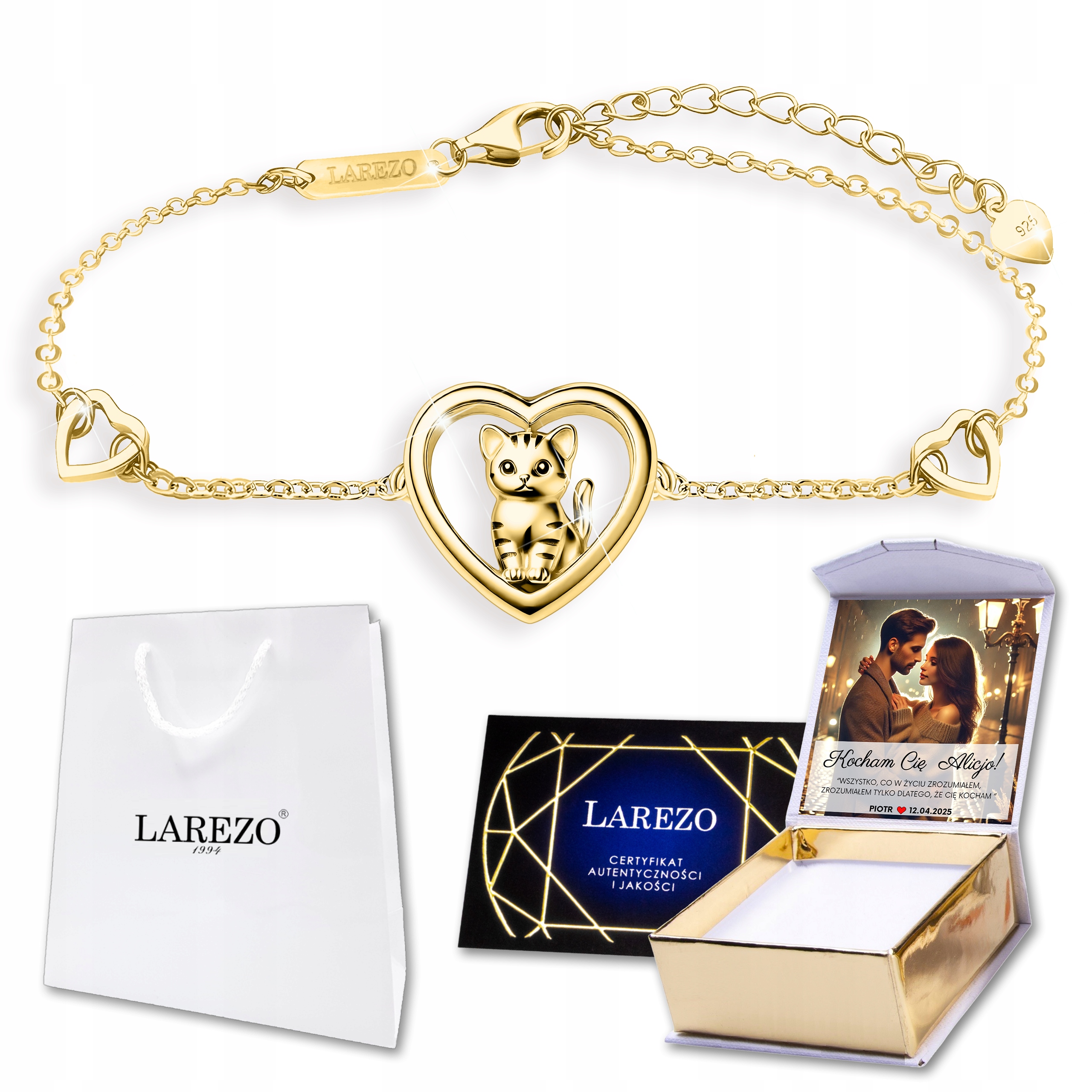 Zlatý náramek 925 Srdce s kočkou Srdíčko s kočičkou Heart Cat Print