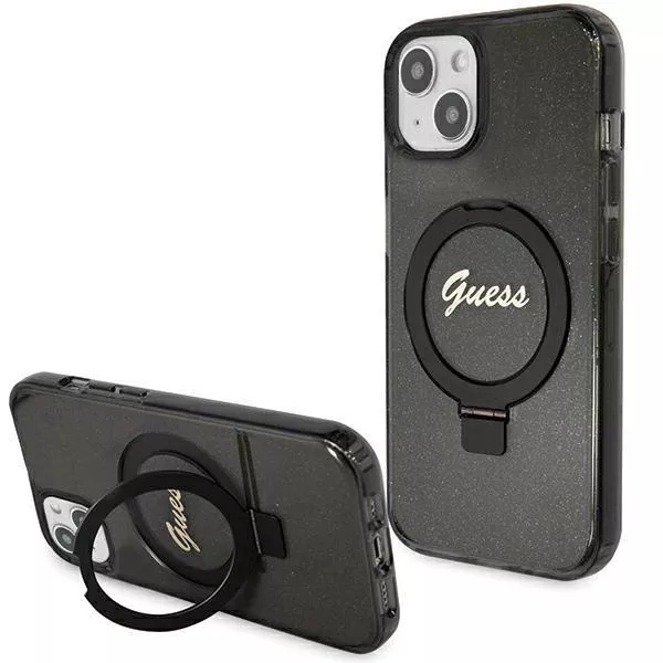 Pouzdro pro iPhone 15 Plus Guess Ring Stand Script Glitter MagSafe černé