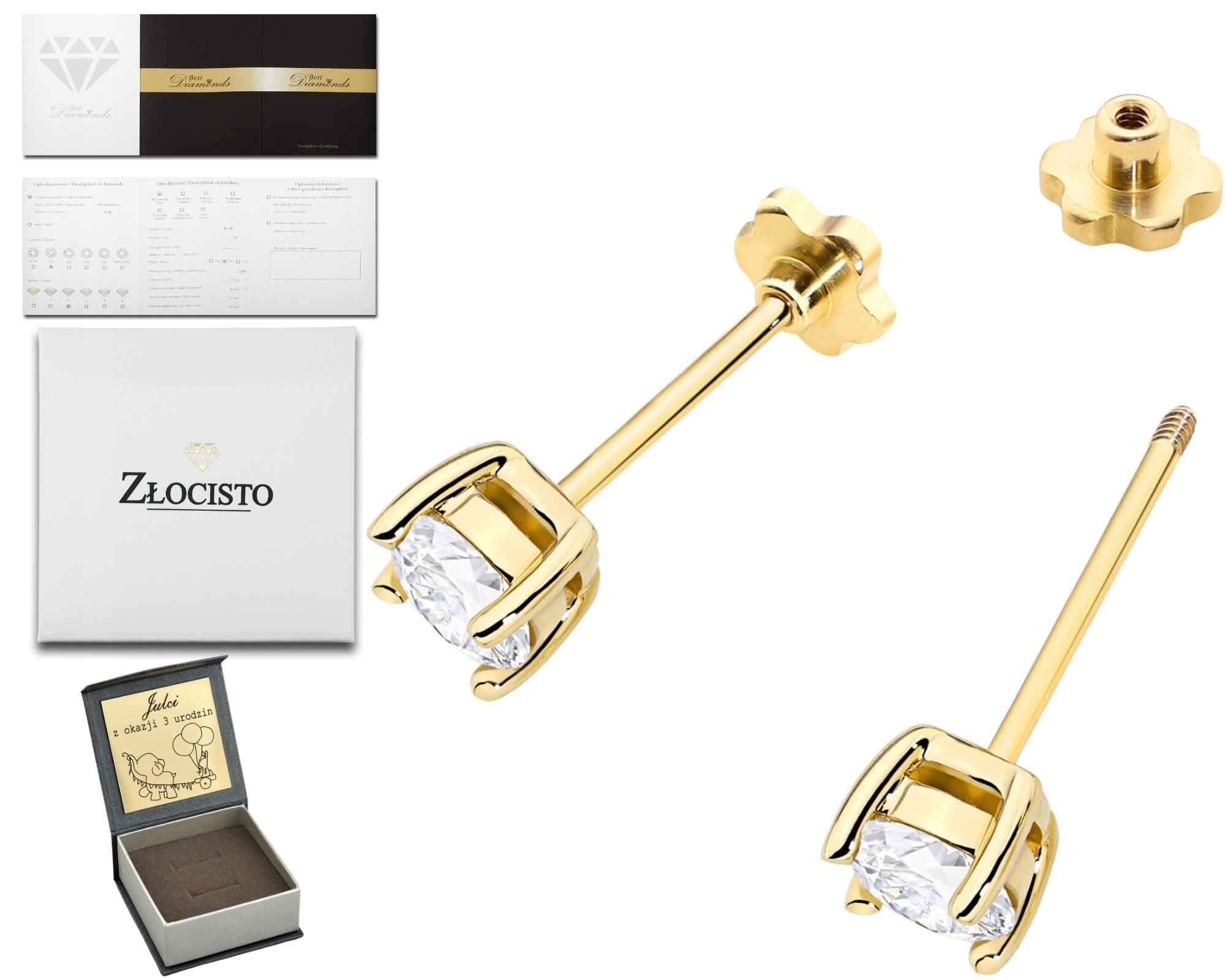 Zlaté Náušnice S Diamanty, Šroubovací Pízátek, Gravírování 585 Dárek Gravírování