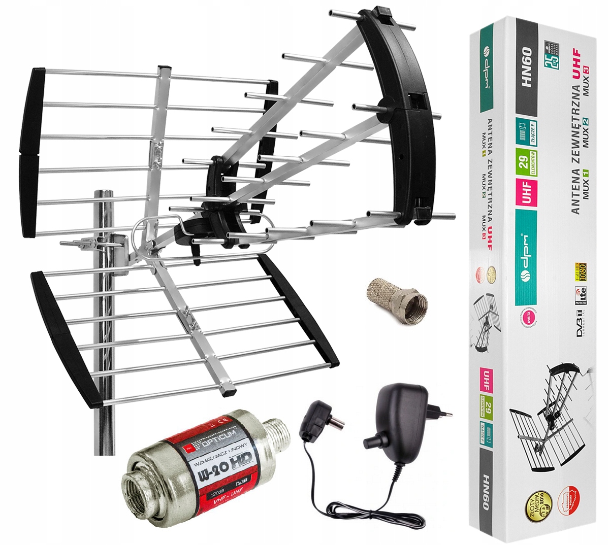 

Antena kierunkowa DVB-T2 wzmacniacz zasilacz 170km