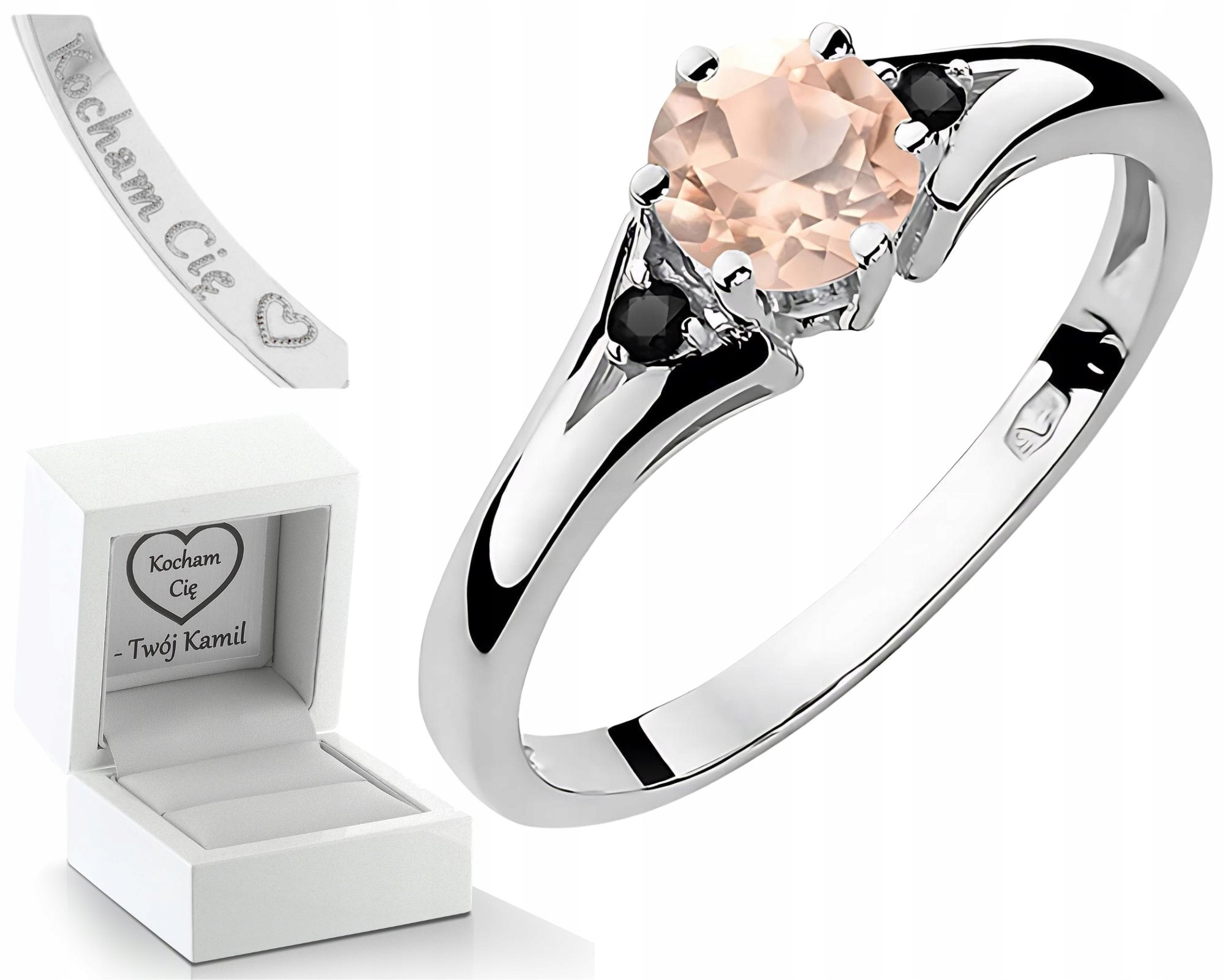 Bílý Zlatý Prstýnek S Morganitem A Černými Brilianty, Zlato 585 14K