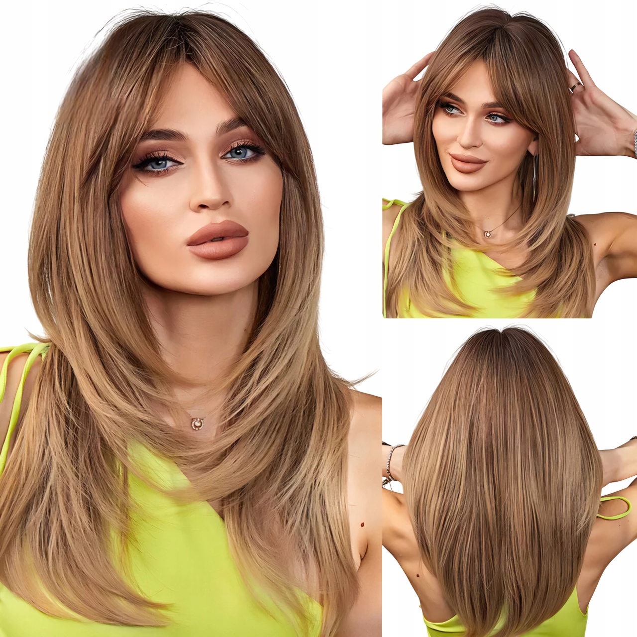 Peruka ciemny blond ombre peruki damskie grzywka włosy Jak naturalne