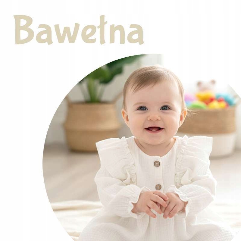 Sukienka ecru długi rękaw guziki rozpinana bawełna Chrzest r. 86
