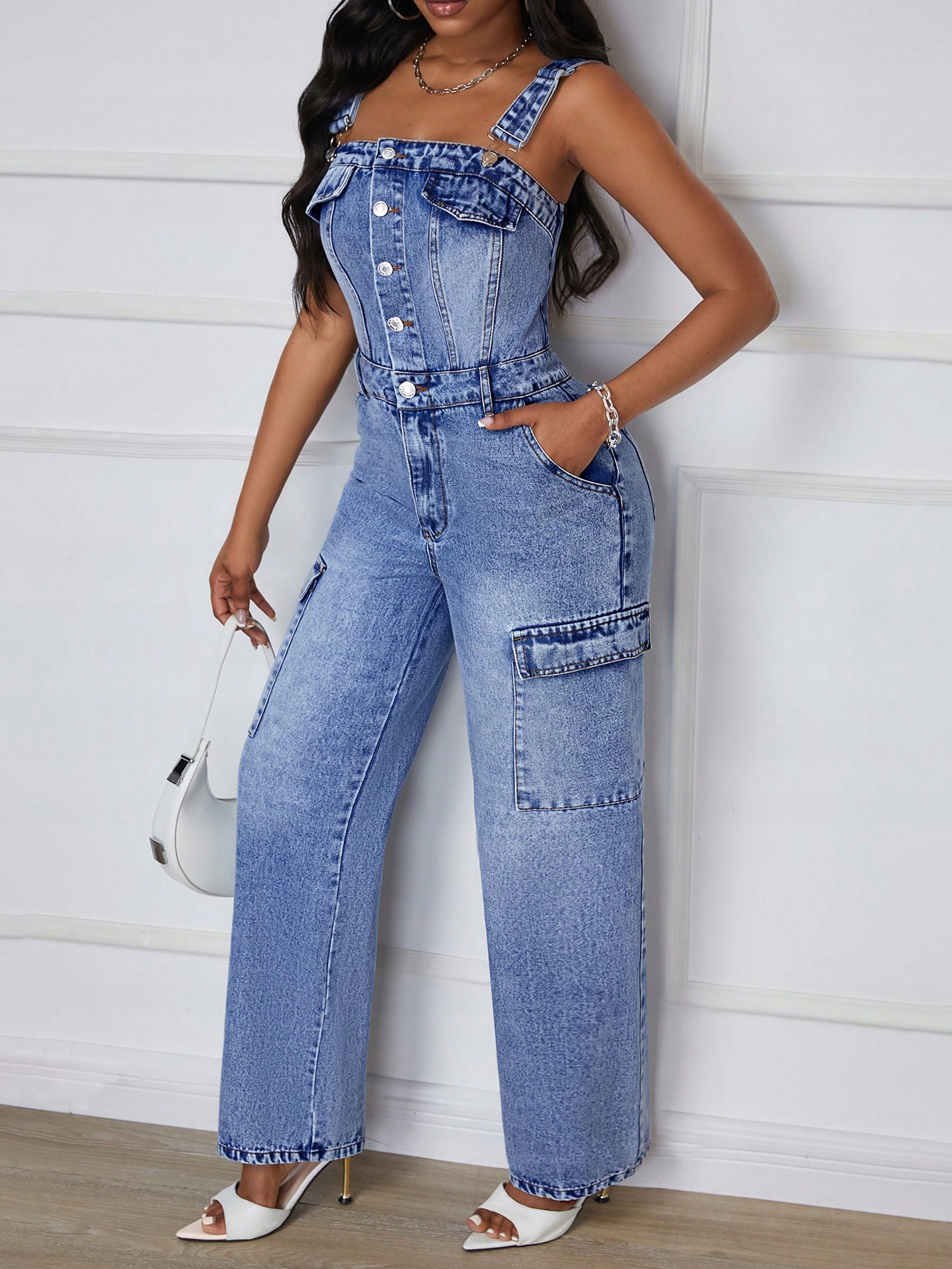 Stylová Džínová Kombinéza Zahradnická Modrá Casual Shein XXL 44