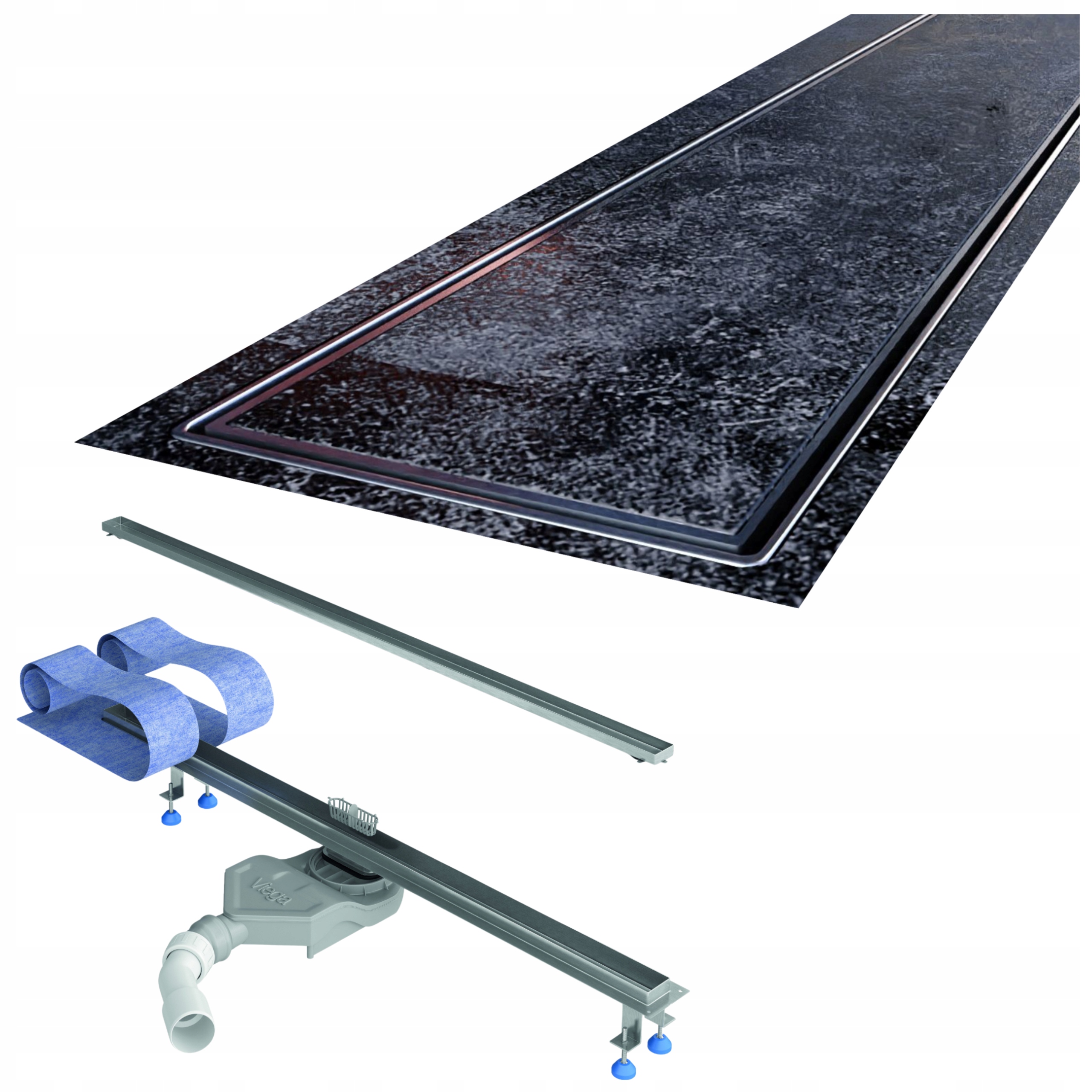 Lineárny odtok 120 cm pod dosku, oceľový sifón Viega, sada Waterway Slim