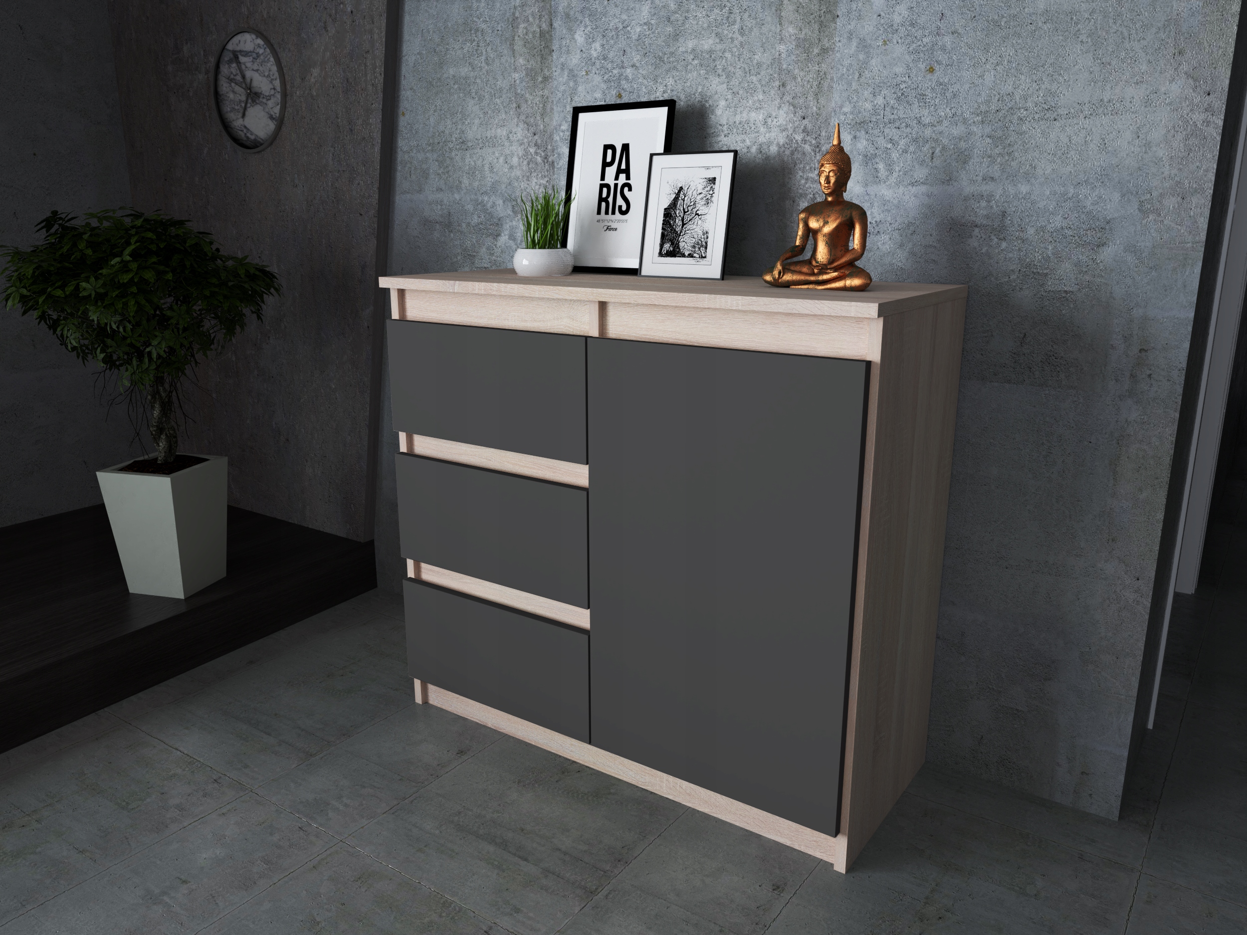 Komoda AGA 80CM DĄB SONOMA/ANTRACYT Pojemna Szafka 3 Szuflady MIX KOLORÓW Marka AZ team