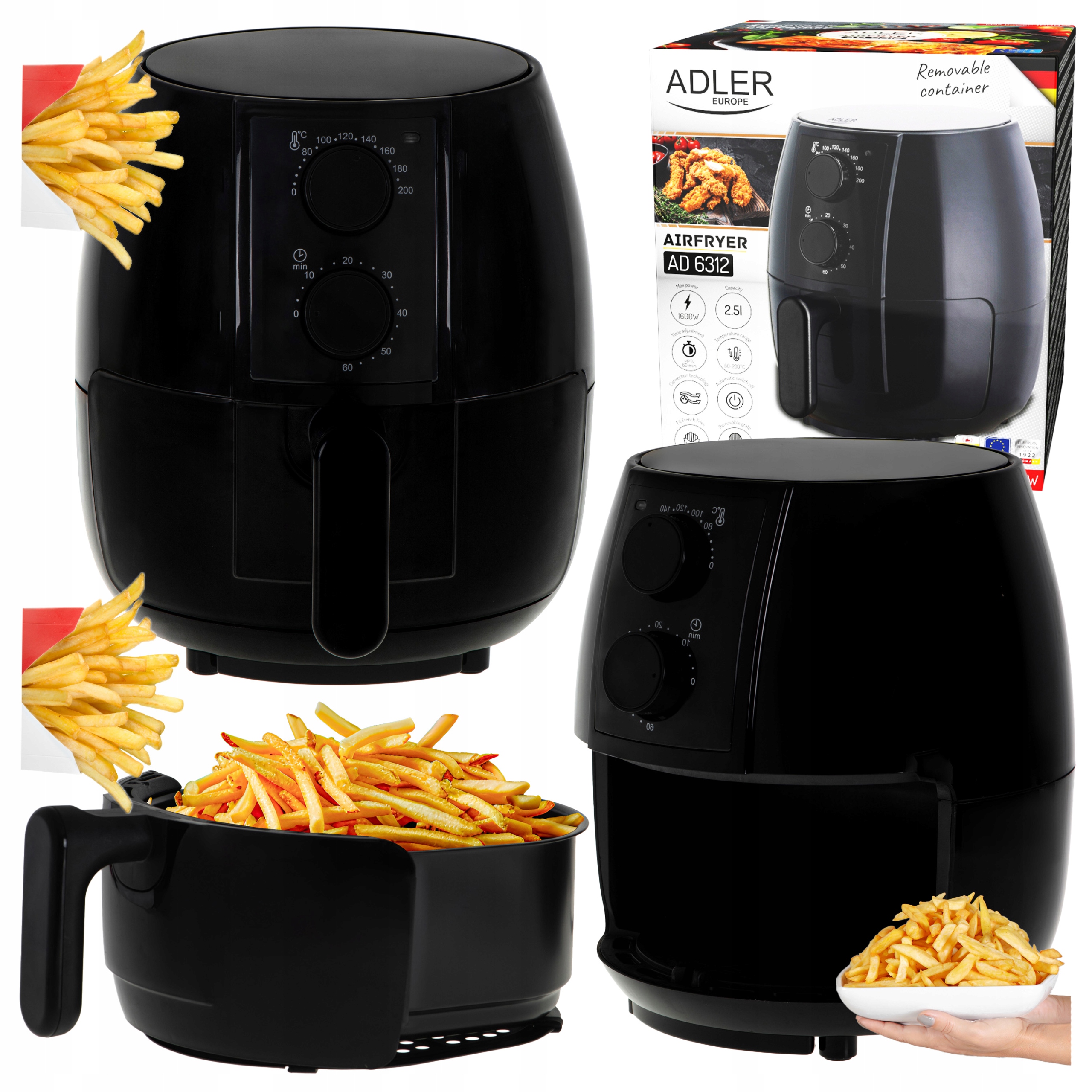Frytkownica Beztłuszczowa Frytownica Air Fryer 2,5L Adler Ad 6312