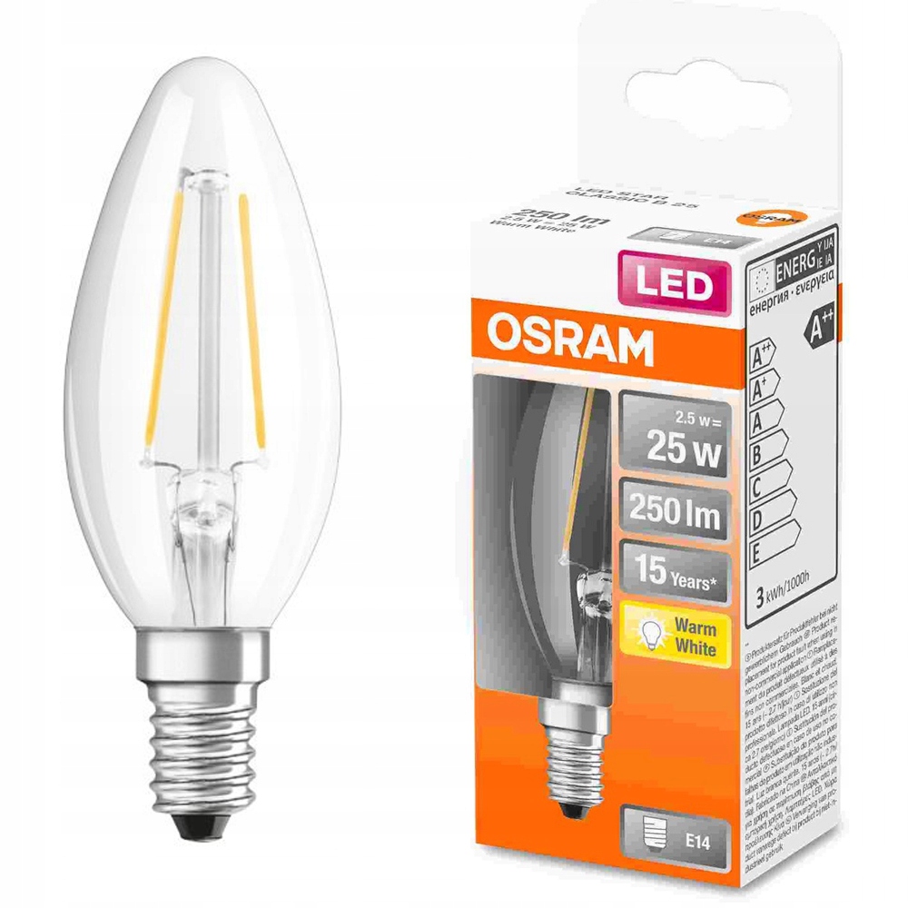 

Żarówka Led 2,5W=25W E14 świeca Osram 2700K przeź.