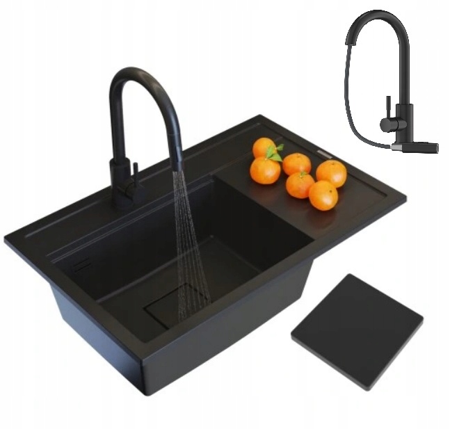 Granitový Drez Rendo Čierny Kuchynská Batéria Záslepka Moderný Set