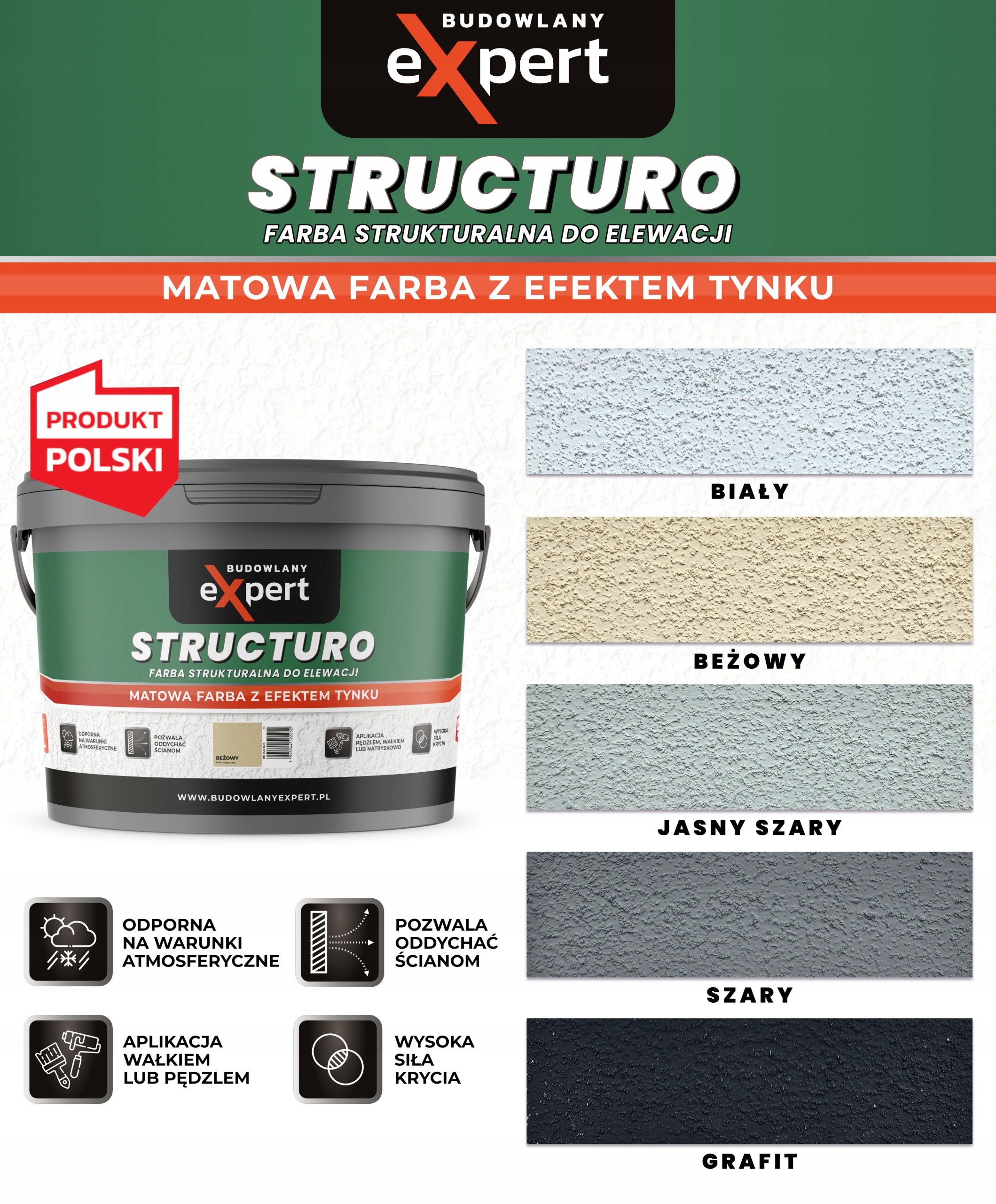 FARBA STRUKTURALNA ELEWACYJNA FASADOWA ZEWNĘTRZNA do malowania DO ZEWNĄTRZ Kod producenta BE 005 023 STRUCTURO BIAŁA